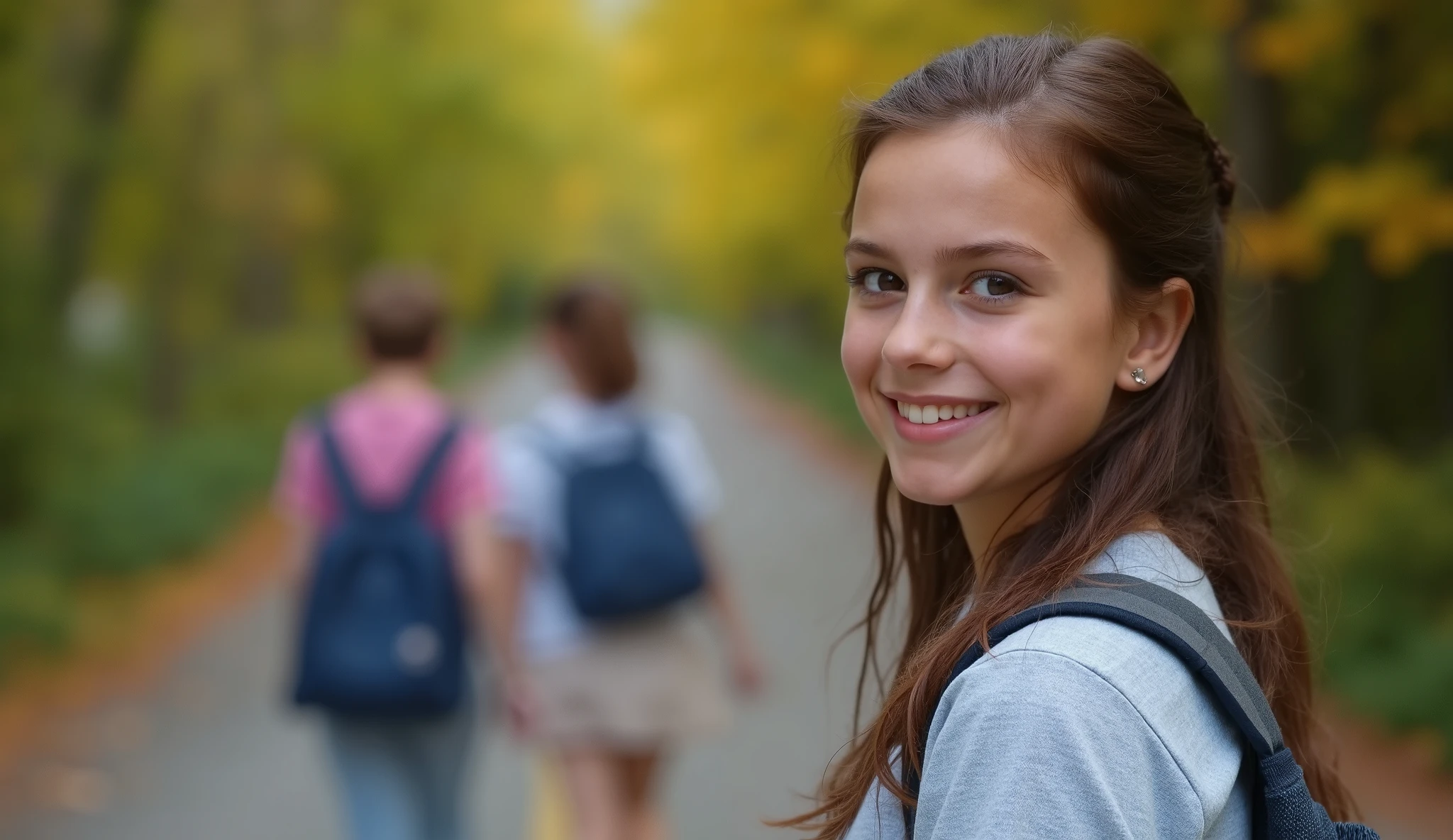 A 21 year school girl gorgeous, happy, smiley face with nice eyes in the right side of the image and blurring background is the natural beauty of nature in the road of school with some students walking and chatting on the road