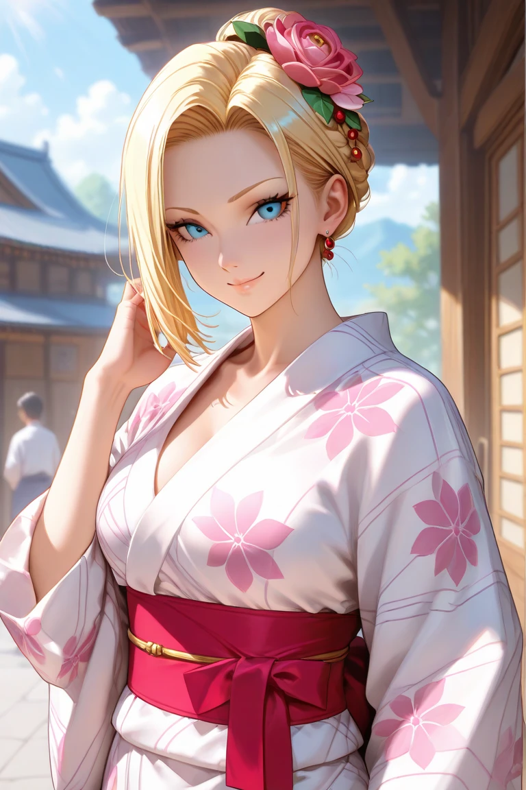 best quality, masterpiece, 8k, adult woman, average build, toned body, tattoo sleeves, dark purple eyes, face scars, short choppy golden blonde hair, sun kissed skin, tan lines, innkeeper, beaches, distant expression, looking out towards the ocean, feudal japan, morning, mismatched clothes, perfect eyes, detailed eyes, member of the pearl clan, japanese descent