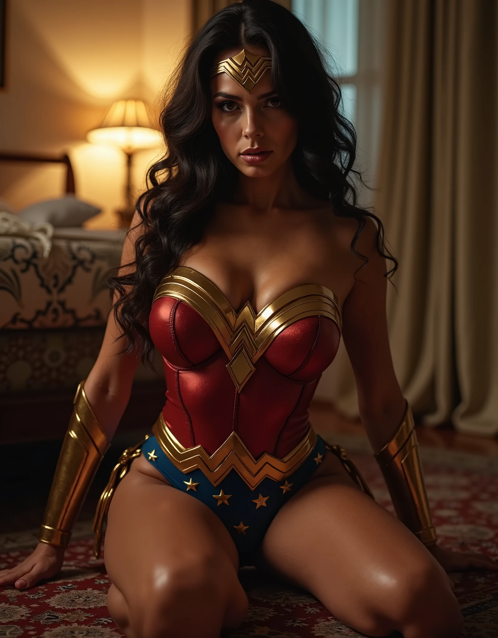 Wonder Woman, sitting in a library in ancient Egypt, is at night. She has her legs spread a little and you can see that she is wearing tight, transparent white panties.