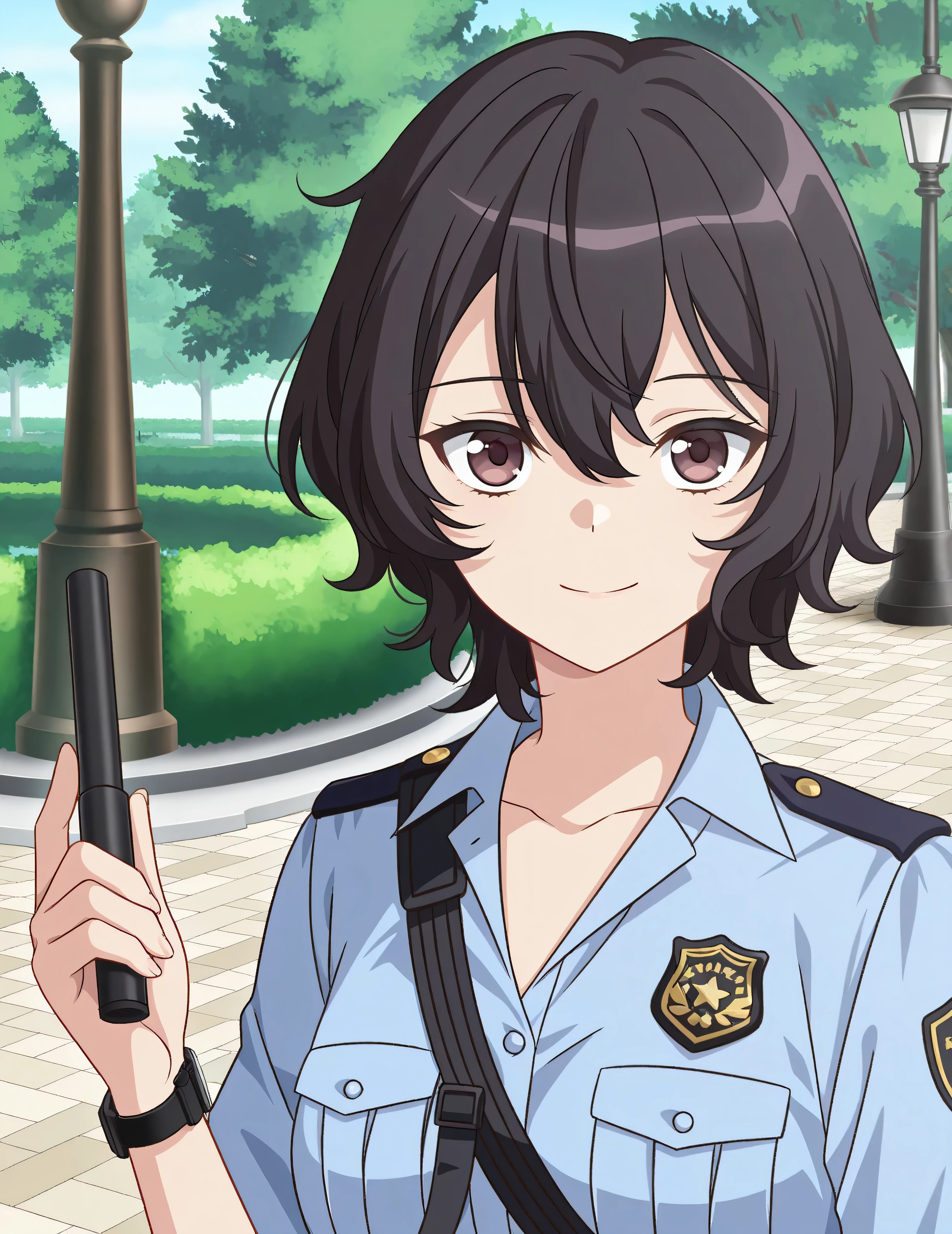 score_9, score_8_ up, score_7_ up, source_Anime,( best quality:1.1), ultra detail, high resolution,Highly detailed skin, beautiful detailed eyes,8k, sharp concentration, beautiful, beautiful eyes, anatomically correct , anatomically correct face, extremely detailed eyes , smooth edge , beautiful face, symmetrical eyes, symmetrical face ,smile,
Amemiya_Two,Alone, black hair, short hair, short hair, Japanese police uniform のリボン, Japanese police baton , Japanese police uniform , Japanese police uniform スカート, Japanese police shoes , Japanese police badges,
Japanese Police Gestures , an no yed , mouth, Cross Legs, Watch viewers,
Park, knight , lamp post ,
( beautiful, small breasts:1.2), o, upper body,I closed my mouth, staring at the viewer, wavy hair standing in front of the garden,clavicle,