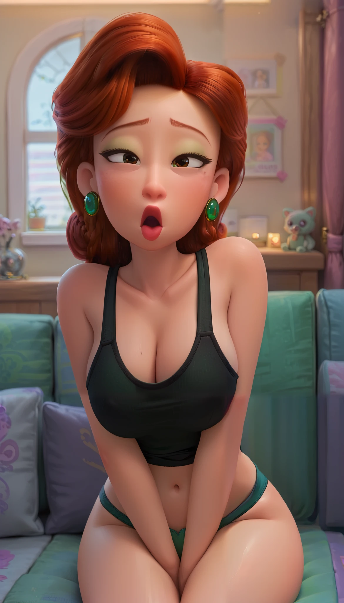 ming Lee, ginger long hair, metal sign, ahegao, tilt your head, cowboy shot, coxas nuas, ((black tank top)), bare shoulders, big pale side boobs, big breasts, hoop earrings, 1 girl, alone, slim nose, tall girl, ((green small panties)), looking at viewer, brown eyes, sexy dark strong makeup, very long ginger hair, pale smooth skin, round huge breasts, wide sexy hips, sexy thin waist, whole body, black top, sexy poses photos, wet, slim, lying on black sofa, messy music room, vinyls, neons, window, big orchid, black pillows, night, cozy warm shadows, best qualityer, no flaws