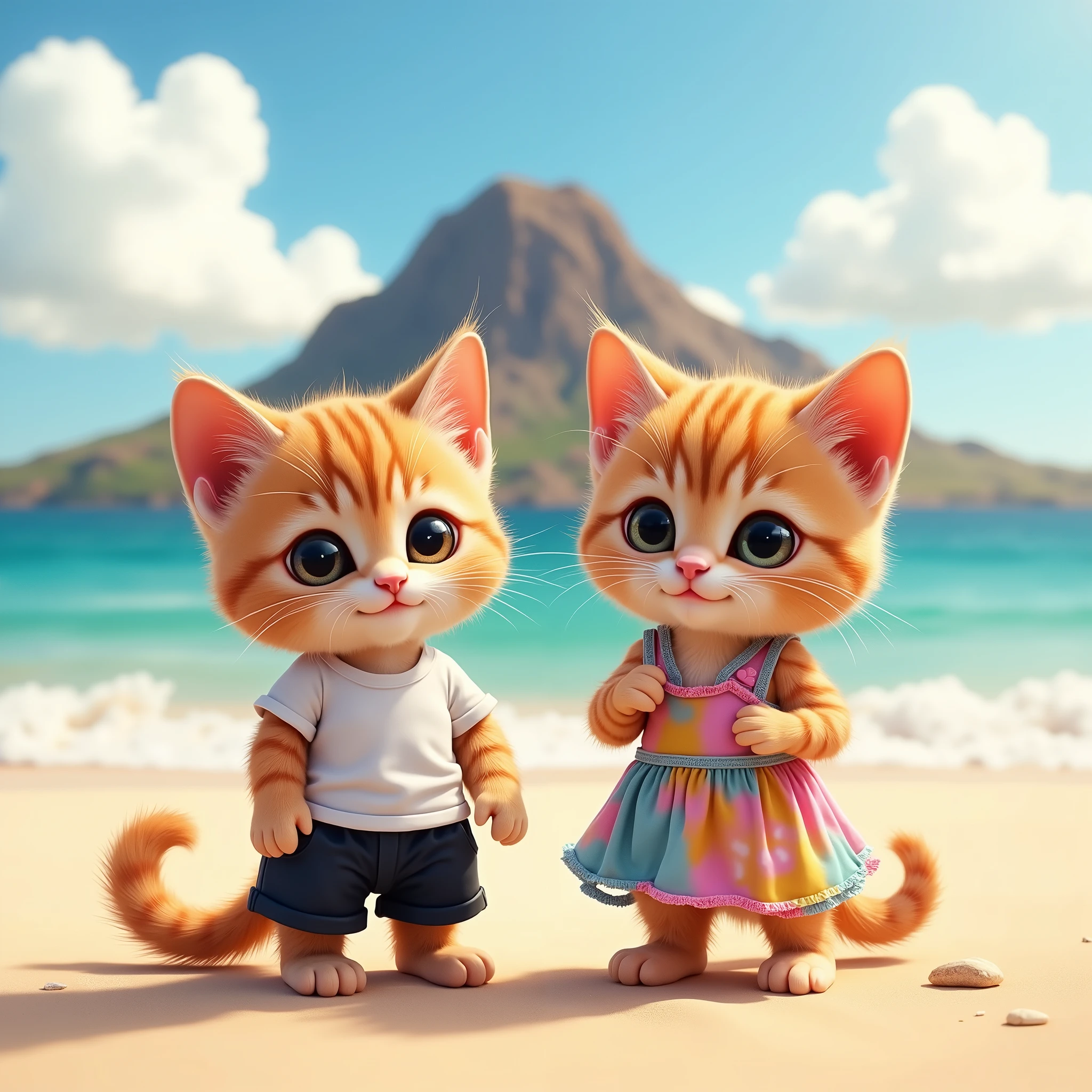  a  cat drawn in size 25, 2 adorable babys ,,The top is a white t-shirt ,I'm wearing black shorts underneath, and the other one is wearing a colorful dress, blue sky,Detailed and realistic coat ,, background is desert,Realistic cat standing on 2 legs, have eyes like beautiful marbles, The background is a Hawaiian diamond head ,Kitten standing on the beach 
