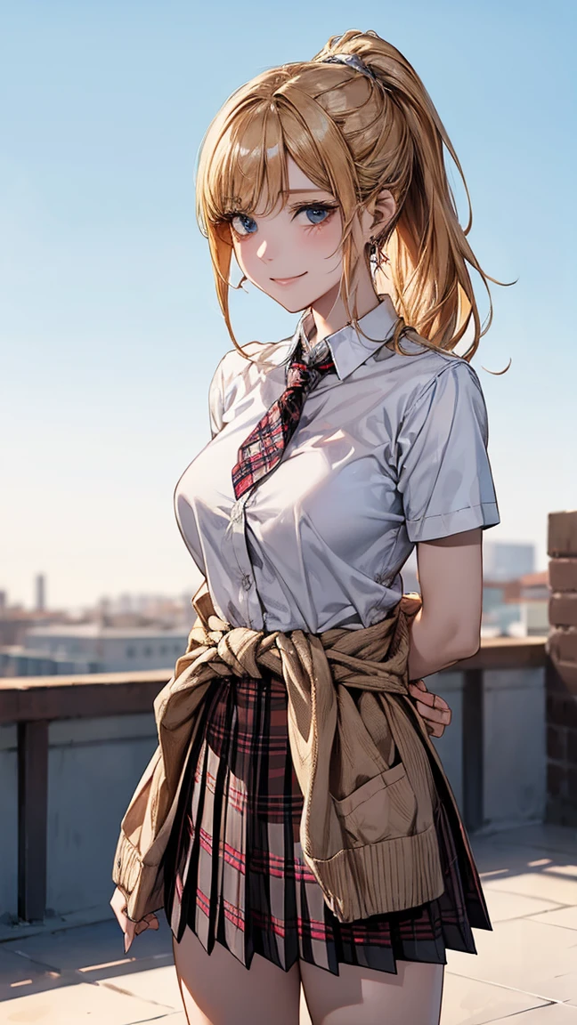 (masterpiece:1.3, top-quality, ultra high res, ultra detailed), (realistic, photorealistic:1.4), beautiful illustration, perfect lighting, natural lighting, colorful, depth of fields, 
beautiful detailed hair, beautiful detailed face, beautiful detailed eyes, beautiful clavicle, beautiful body, beautiful chest, beautiful thigh, beautiful legs, beautiful fingers, 
looking at viewer, 1 girl, japanese, high school girl, perfect face, (perfect anatomy, anatomically correct), cute and symmetrical face, babyface, , shiny skin, 
(middle hair:1.5, straight hair:1.4, (blonde hair)), swept bangs, dark purple eyes, long eye lasher, (medium breasts), slender, 
((collared white shirt, navy pleated skirt, dark red tie)), navy school socks, , 
(beautiful scenery), evening, (high school), standing, hands on chest, (seductive smile, open mouth), 