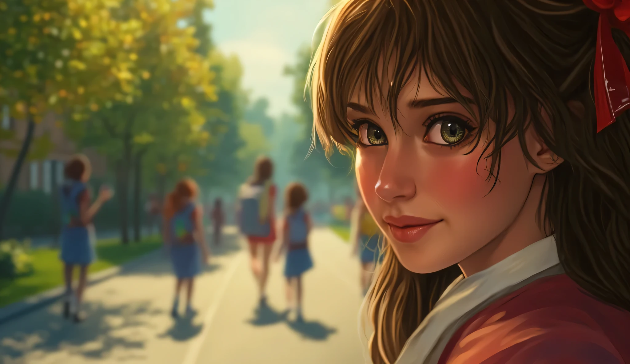 in Animated cinematic style with painting art and real feel, A 21 year school girl gorgeous, happy, smiley face with nice eyes in the right side of the image and blurring background is the natural beauty of nature in the road of school with some students walking and chatting on the road