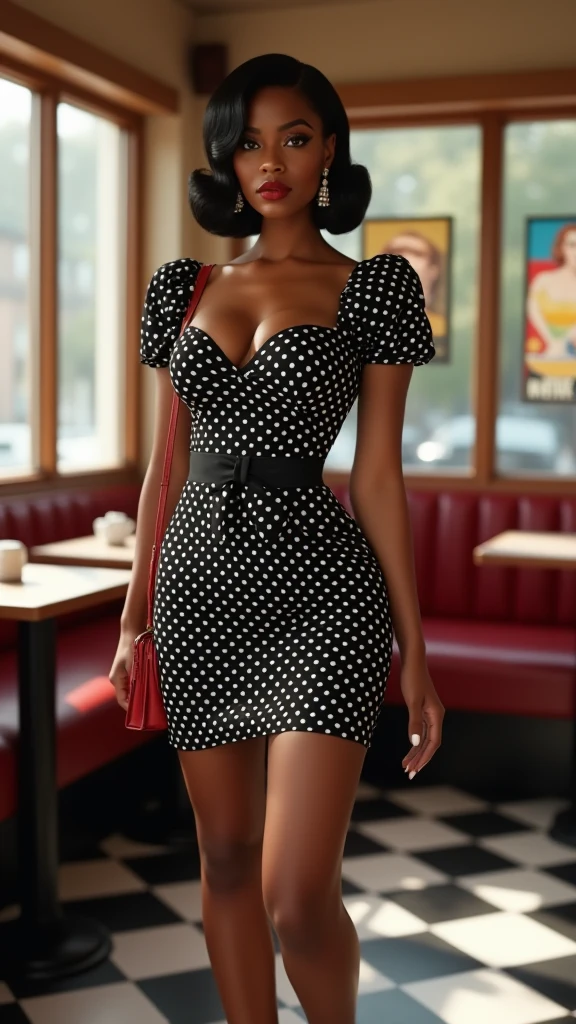 Beautiful woman, walking, dark skin, asian, velvet red dress, white stockings, bowtie, bob cut, college campus, outside, sunshine