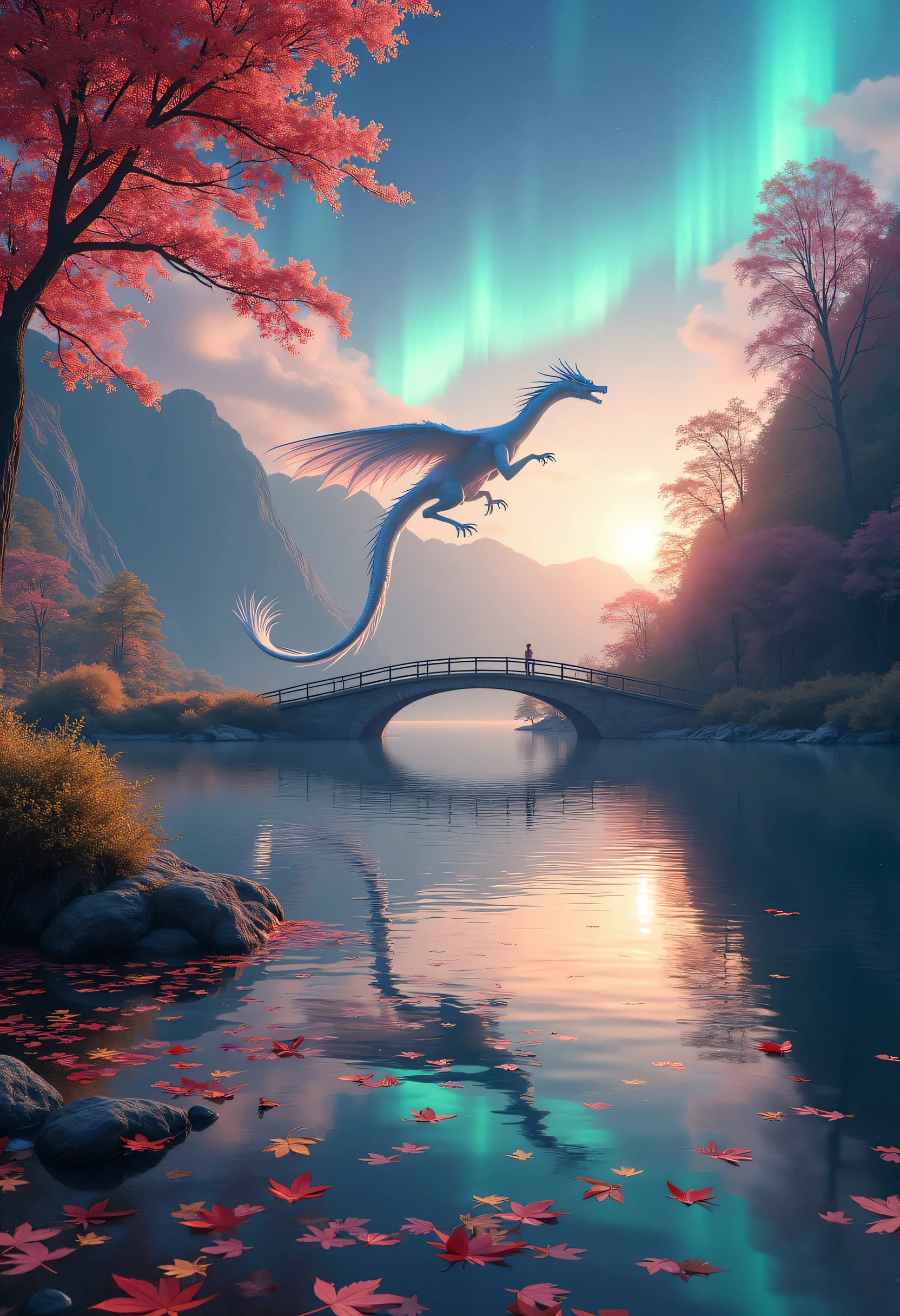There is a dragon flying over a bridge in the middle of a lake - SeaArt AI