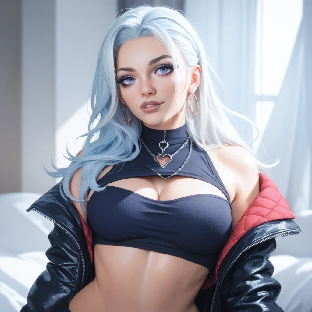( Masterpiece, 4k resolution, ultra-realistic, very detailed) sexy Sexy Ariana Grande beautiful superheroine, has ice powers, white hair ponytail , back midriff with blue outlines and a snowflake symbol on her right, has black gloves with fur on her the wrist part, wears black tight pants, with a blue belt, blue lines () full body in the style of realism, glistening skin, , natural lighting, Defined full lips. fitness feminine body. portrait photography by artgerm, in the style of realism, glistening skin, , natural lighting, Defined full lips. Muscular fitness feminine body, (laying on a bed) (pinup)
