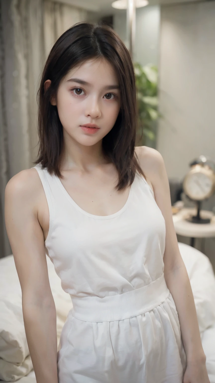 (huge round breasts:1.5), (full body:1.3), (white bronze hair:1.1), (white button up shirt:1.1), (Wet:1.1), extremely delicate and beautiful, masterpiece, Best Quality, ultra high resolution, 16k, Photorealistic, ultra-detailed, Very detailed CG 8k wallpaper, Beautiful Lighting, Perfect Lightning, Realistic Shadows, anatomically correct, Detailed shiny skin, perfect figure, Latino, late 20s, Slim body, Slim abdomen, small head, handsome detailed woman, very detailed eyes and face, realistic face proportions, Stunning detailed eyes, Realistic small beautiful face, Realistic small beautiful eyes, double eyelids, makeup, tearful mole, mole on chest, earring, short wavy hair, cleavage, bare legs, Soft midriff, Fine Collarbone, beautiful and very thin legs, beautiful and very thin thighs, bare shoulders, bare legs, at bed,