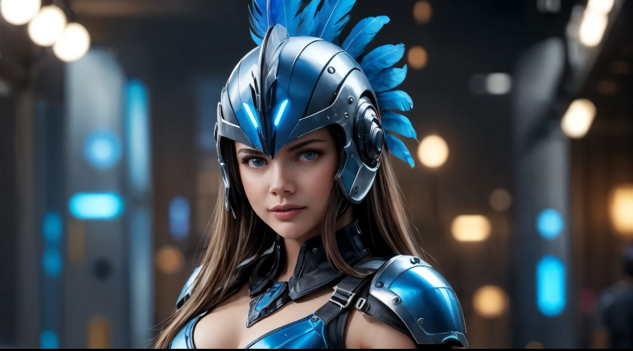 girl, (, cute:1.6), cyberpunk spartan helmet, blue feather accent, bodysuit, (sexy revealing cutout details), (large breasts), punk hair, long hair, straight hair, looking at viewer, sharp focus, blurry background,
