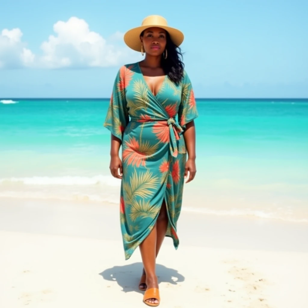 very huge breasts, dark skin, yellow hair, short hair, Happy smile, realistic and detailed hands, realistic and detailed face, realistic and detailed tooth, realistic and detailed foots, realistic and detailed face, aviator sunglasses, green and blue kimono top, beach, walking, drinking coconut water.
