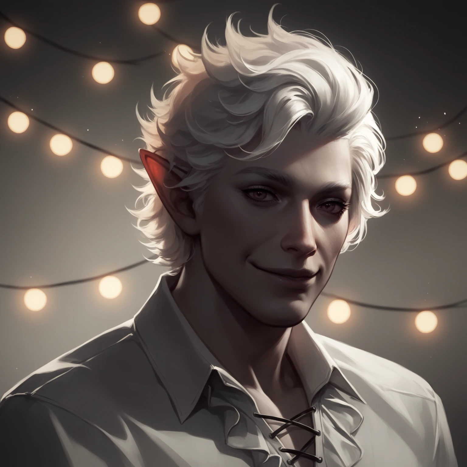 (masterpiece, best quality:1.3), BGAstarion, 1boy, solo, white hair, red eyes, pointy ears, establishing shot , wine cellar, evening, dim and ambient light with a romantic glow <lora:BGAstarion:0.8>