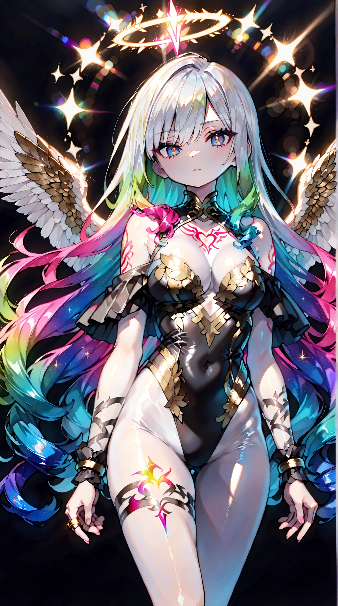 score_9, score_8_up, score_7_up, rainbow style, vibrant colors, vivid colors, 1girl, pointy ears, breasts, long hair, solo, elf, gloves, portrait, cowboy shot, standing, cleavage, armor, white hair, elbow gloves, black gloves, looking at viewer, boots, circlet, medium breasts, very long hair, wariza, cleavage cutout, clothing cutout <lora:Rainbow Style SDXL_LoRA_Pony Diffusion V6 XL:1>