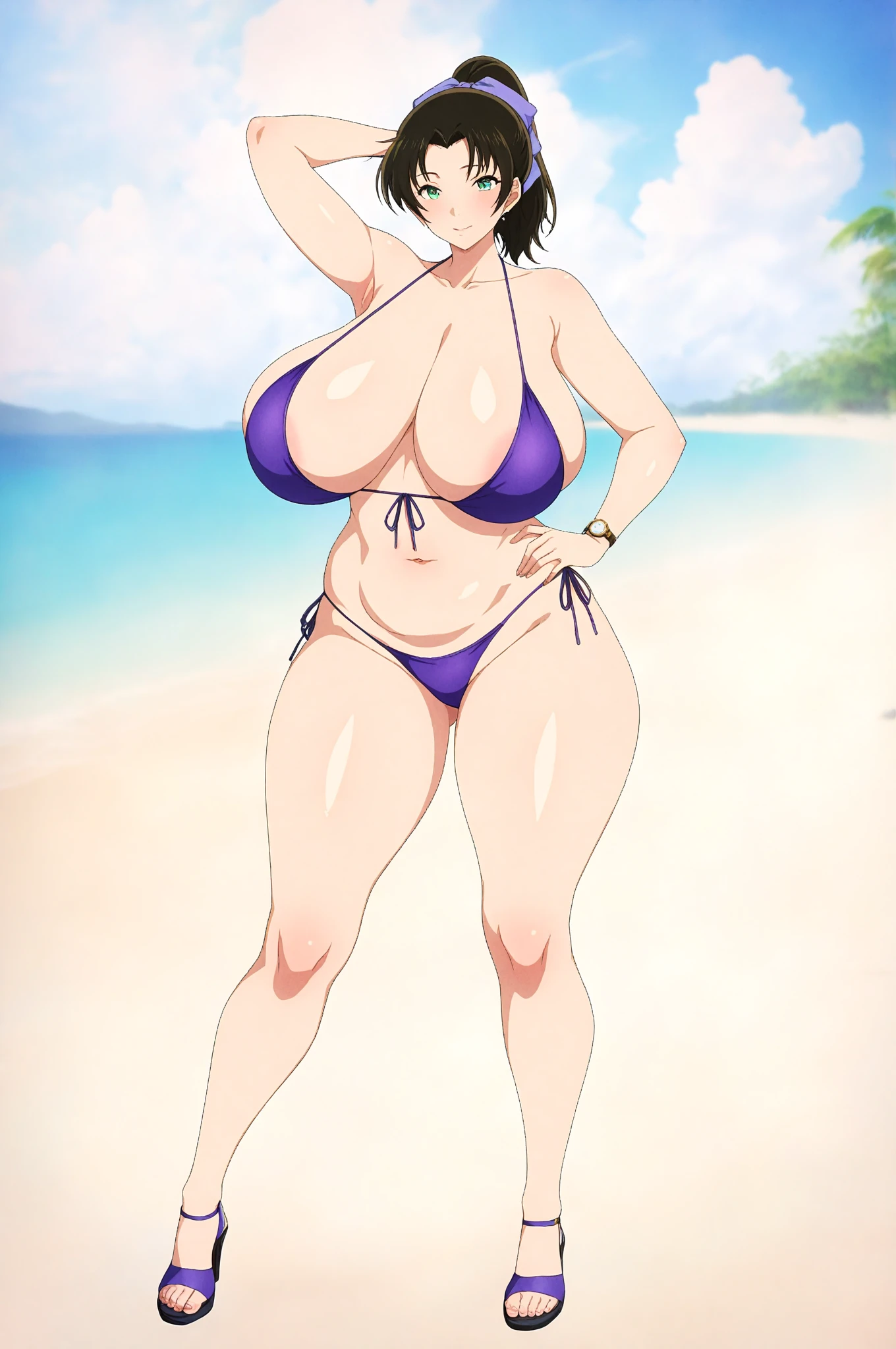 several japanese women with enormous breasts, using a sexy bathrobe with high heels at a beach, with a naughty smile in the face