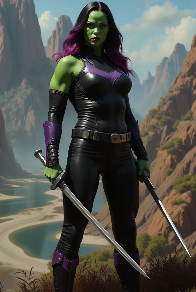 Gamora, totally identical to the movies, always repeat the same face, always repeat the same proportions, always wear the same clothes, ((round ass))
