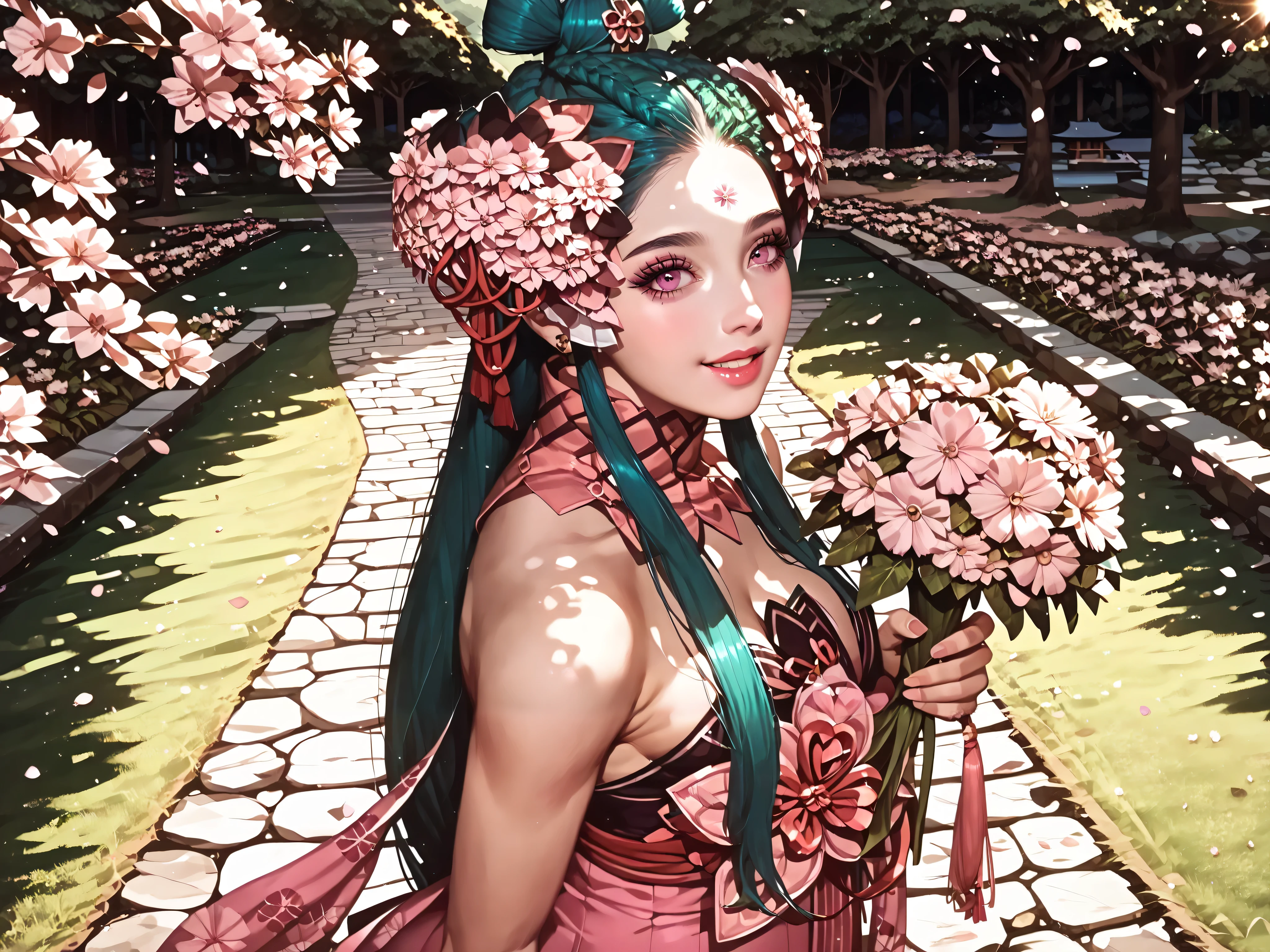 score_9, score_8_up, score_7_up, score_6_up, score_5_up, score_4_up, source anime,rating_safe,rating_questionable,((masterpiece,best quality,high detailed)),8K,(from above,side view,Dutch angle),cinematic angle,looking at view,( beautiful goddess, young woman :1.4),slender ,solo,alone,skindentation,Ukiyoe,klimt,
(large breasts), epic,spring,at sunrise,sunlight,day,Sunlight in the forest, gorgeous,soft lighting,dramatic,(glowing fluorescent effect),((spring harvest)),(((holding flower bouquet:1.5))),(((cherry blossom blizzard,cherry blossom:1.5))),(Japanese nature mountain),Japanese garden, flower dance, konohanasakuyasmt, green hair, very long hair, pink eyes, lipstick, hair flower, forehead mark, choker, pink dress, japanese clothes, detached sleeves, green pantyhose,Surround her with colorful flowers.(((big smiling)))