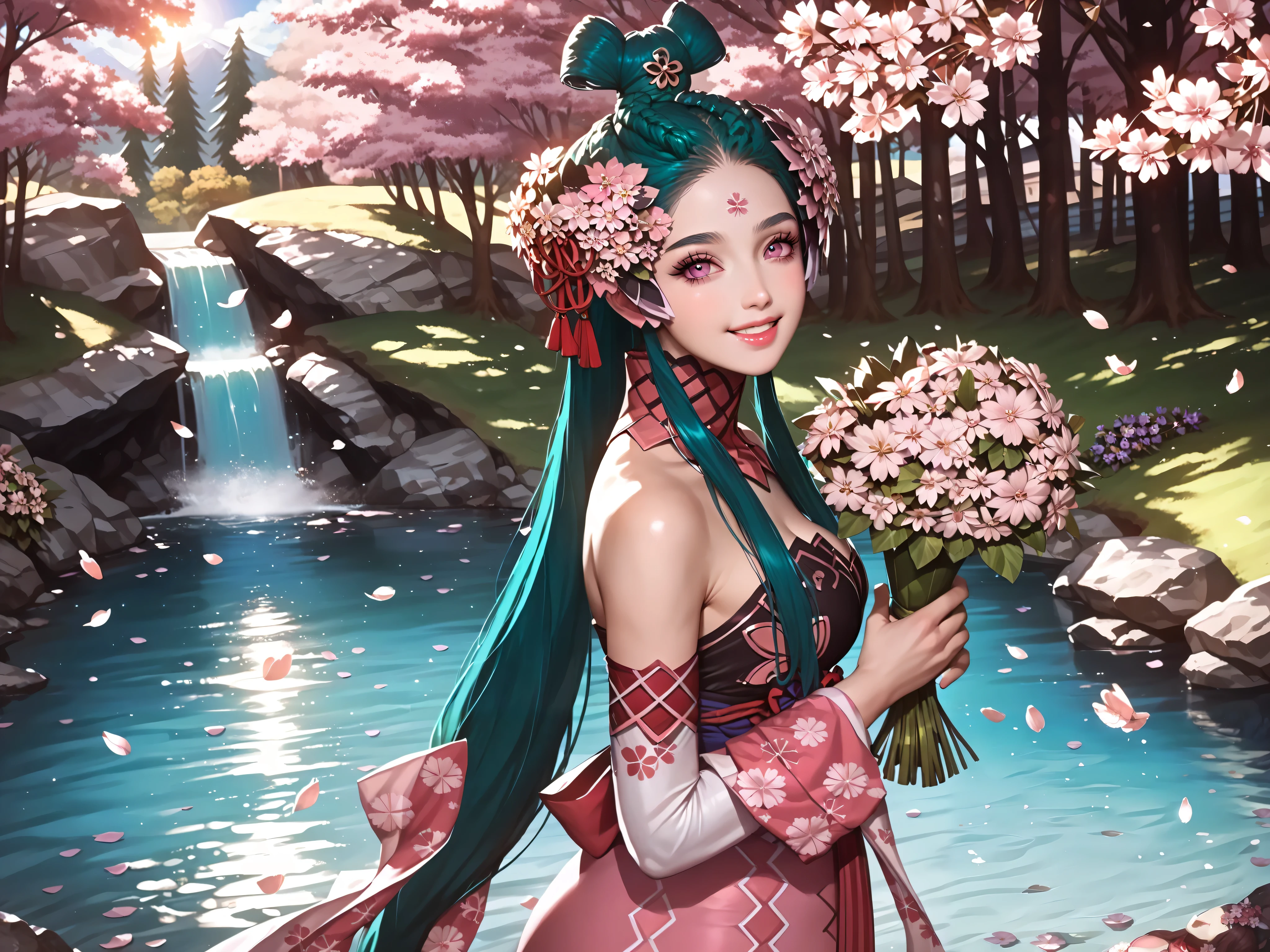 score_9, score_8_up, score_7_up, score_6_up, score_5_up, score_4_up, source anime,rating_safe,rating_questionable,((masterpiece,best quality,high detailed)),8K,(from above,side view),cinematic angle,looking at view,( beautiful goddess, young woman :1.4),slender ,solo,alone,skindentation,Ukiyoe,klimt,
(large breasts), epic,spring,at sunrise,sunlight,day,Sunlight in the forest, gorgeous,soft lighting,dramatic,((waterfall:1.1)),(glowing fluorescent effect),((spring harvest)),(((hands holding flower bouquet:1.5))),(((cherry blossom blizzard,cherry blossom:1.5))),(Japanese nature mountain),Japanese garden, flower dance, konohanasakuyasmt, green hair, very long hair, pink eyes, lipstick, hair flower, forehead mark, choker, pink dress, japanese clothes, detached sleeves, green pantyhose,Surround her with colorful flowers.(((big smiling)))
