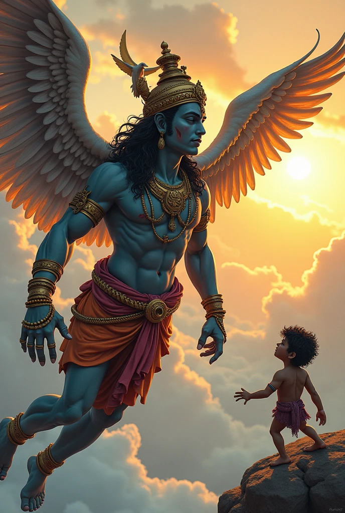 3d muscular small teen krishna with skin blue colour wearing gold ornaments peakock one feather on head
fights 3d heighted beaked birdman highly graphic war scene depicting them in front of each other