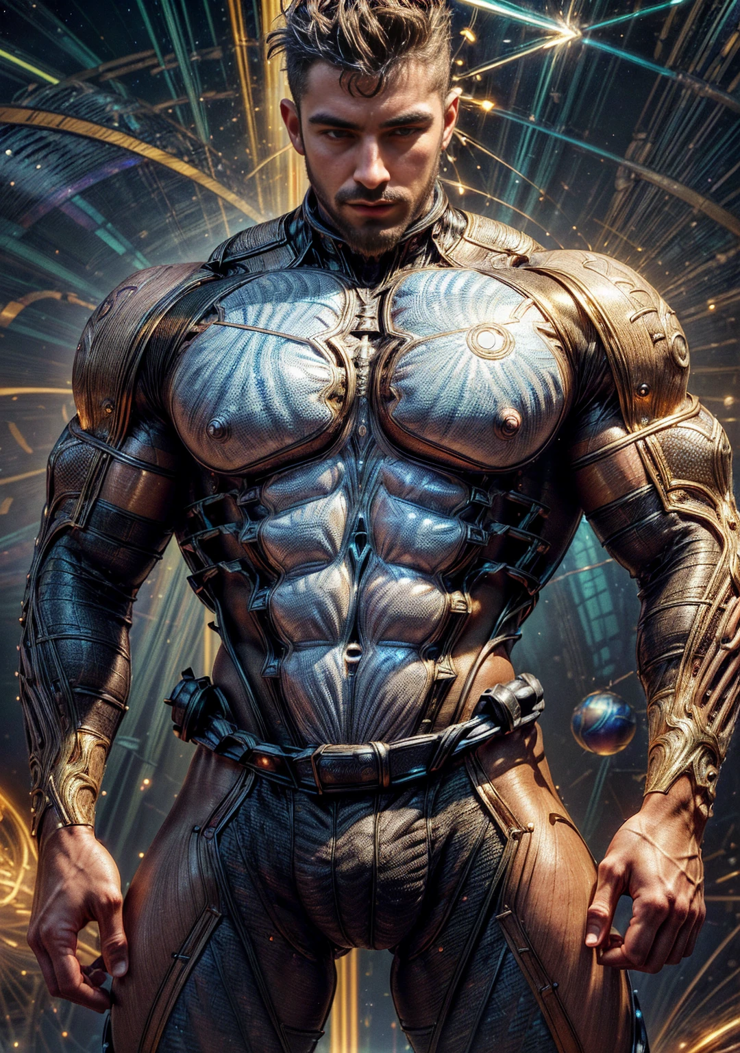 "masterpiece, noise suppression, one man, Best quality, sharp image, permission 8k, male focus, sharp image, stunning composition, volumetric lighting, super quality, Very detailed, fantasy. Мужчина fantasy король, blonde golden hair, neat beard, expressive gray eyes."