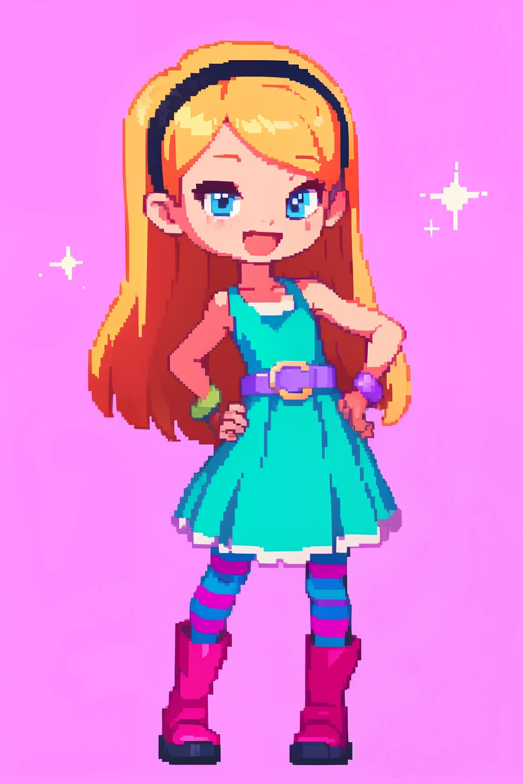 (masterpiece, top quality, best quality), pixel,pixel art,1girl,full body, penny peterson, long hair, blue eyes, 3d, blonde hair, skirt, pleated skirt, white trimmings, frilled skirt, hairband, black hairband, dress, teal dress, lavender belt, blue and pink striped pantyhose, pink bracelet and boots, beautiful, cute girl, open mouth, cute smile, joyful expression, excited, happy, looking at viewer, peace sign, one hand on hip, spread legs, hearts, sparkles, pink background, simple background