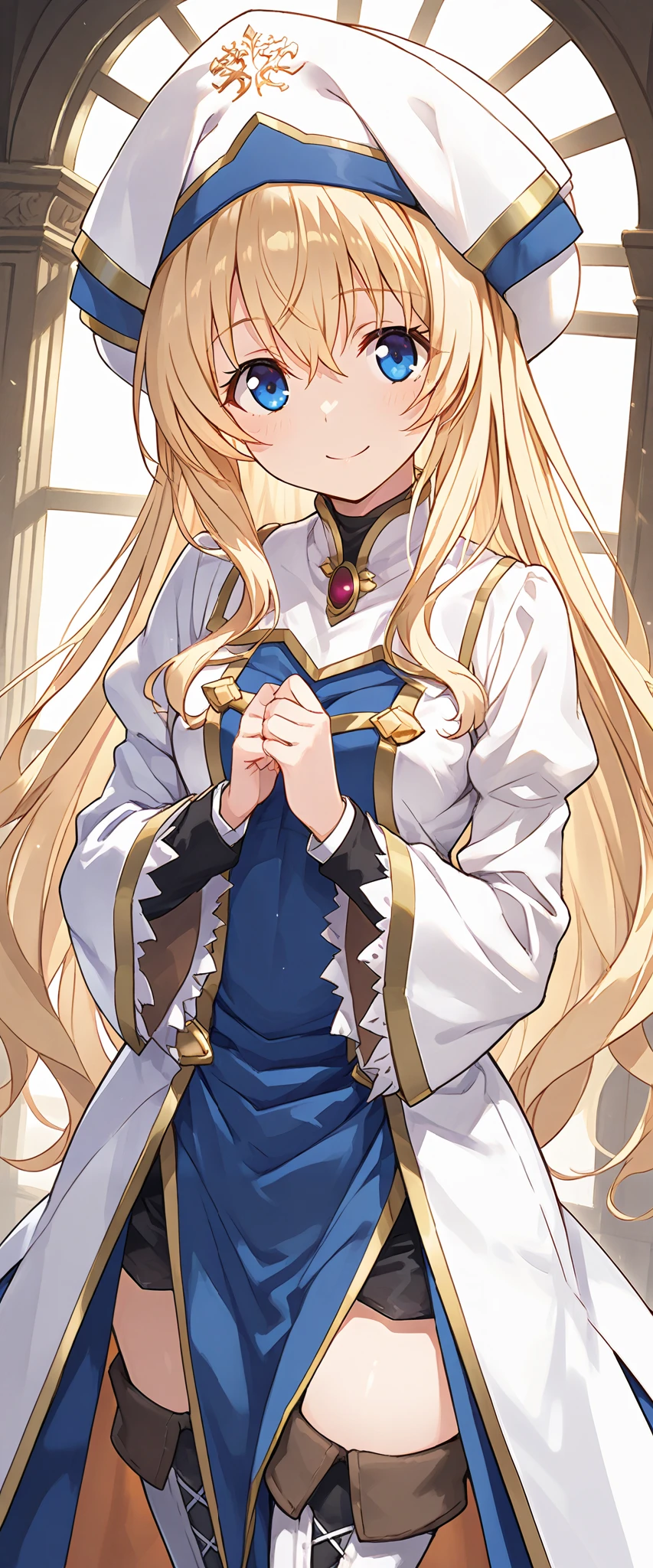 score_9, score_8_up, score_7_up, anime_source, priestess(goblin_slayer),blonde hair,blue eyes,hat,white headwear,long sleeves,hair between eyes,thigh boots,wide sleeves,small breasts,smile,hands together,masterpiece,Noise Reduction,perfect anatomy,high resolution, ultra-detailed, ultra-detailed face,game cg,dutch angle ,beautiful detailed eyes,visualart,five fingers, perfect hands, perfect lighting,(highly detailed:1.5),
