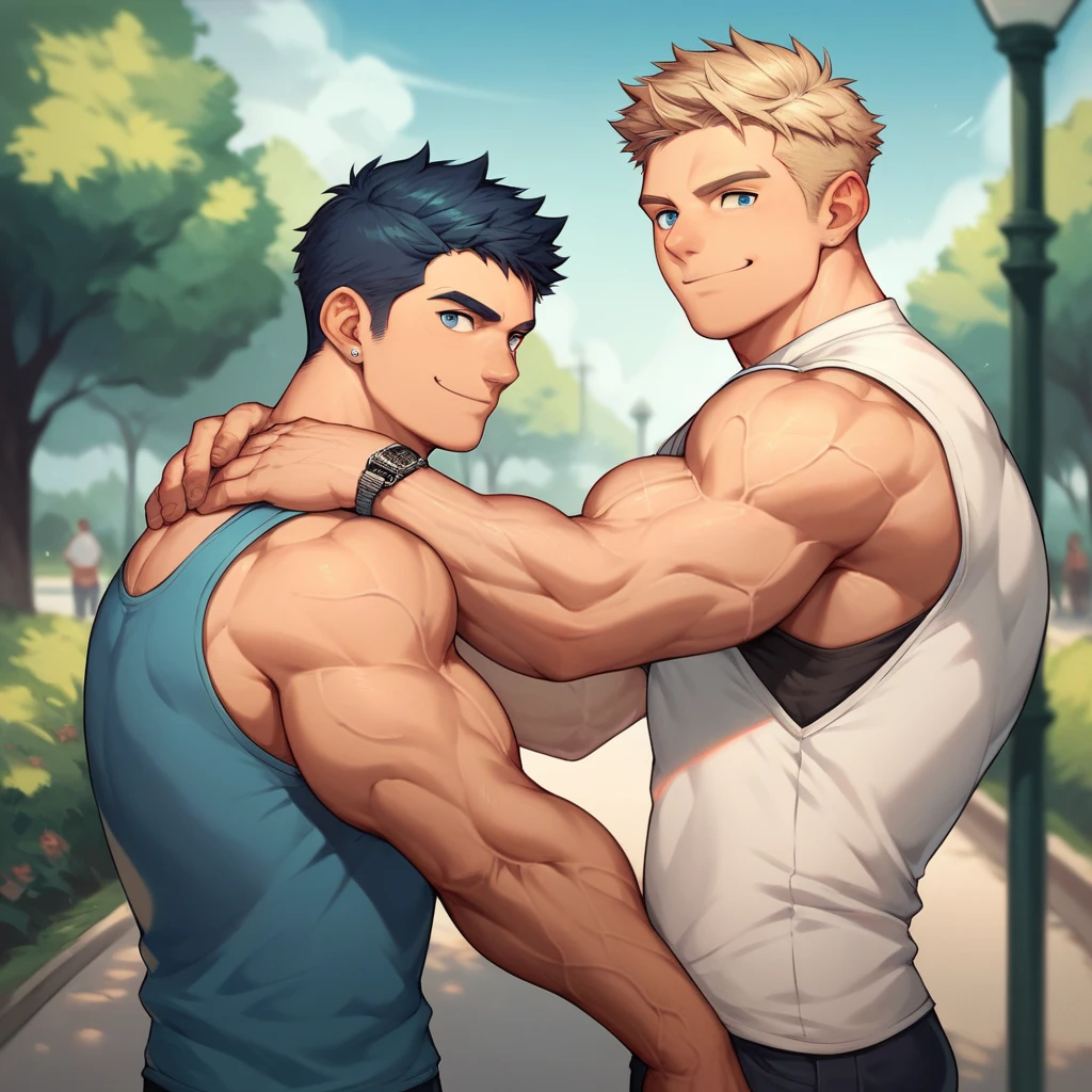 2 men, photo realistic. A lean, tall, athletic 22-year-old handsome Caucasian man, with fade-cut brown hair, and blue eyes, wearing an orange tank top with a black stripe, and black athletic shorts, passionately kissing an athletic 21-year-old handsome Middle Eastern man, with short, fade-cut brown hair, and brown eyes, wearing a slate tank top, and gray athletic shorts, on a sports field, at dusk. They are grabbing each other's hard, bulging cocks. Sexy, romantic, masculine.