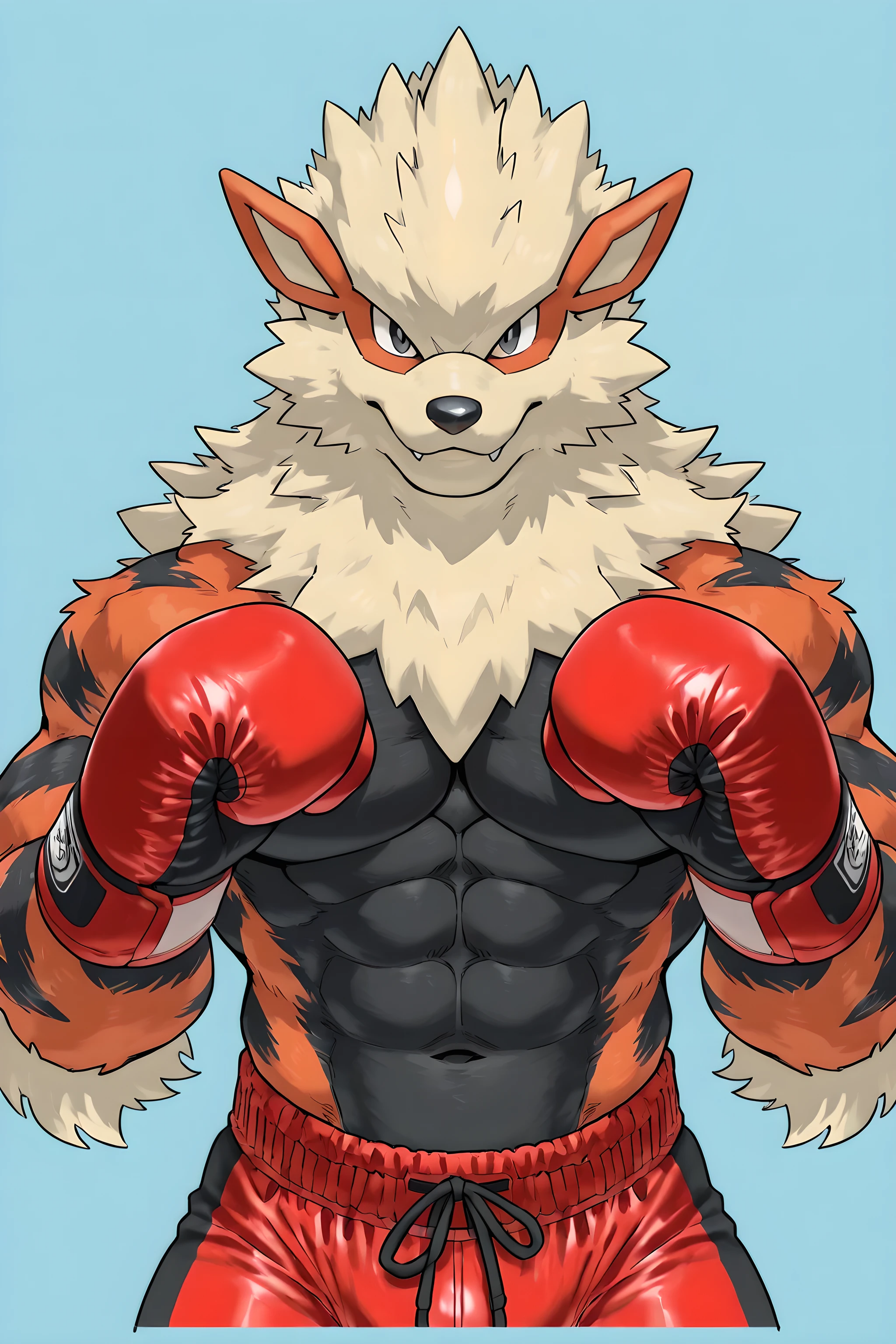 zzArcanine, arcanine, no humans, pokemon (creature), flat color, male, muscular, shirtless, simple background, looking at viewer anthro, speedos, black stomach, black chest, half body, wearing boxing_gloves, boxing_trunks, boxing_pov