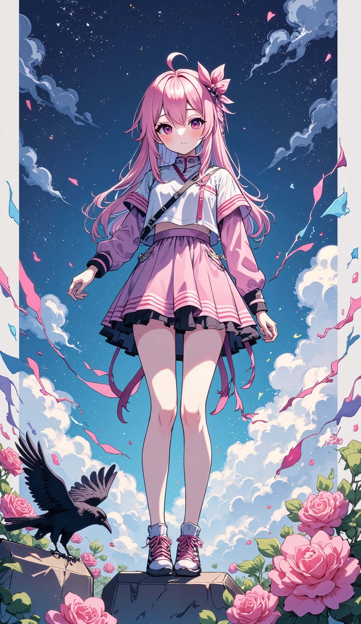 " colorful ink splash art style with a crow in the graveyard. It's on the headstone . Starry Night, flower, fog. colorful ink splash background . 1 girl in the best, anime-style , long hair, red eyes, high resolution,