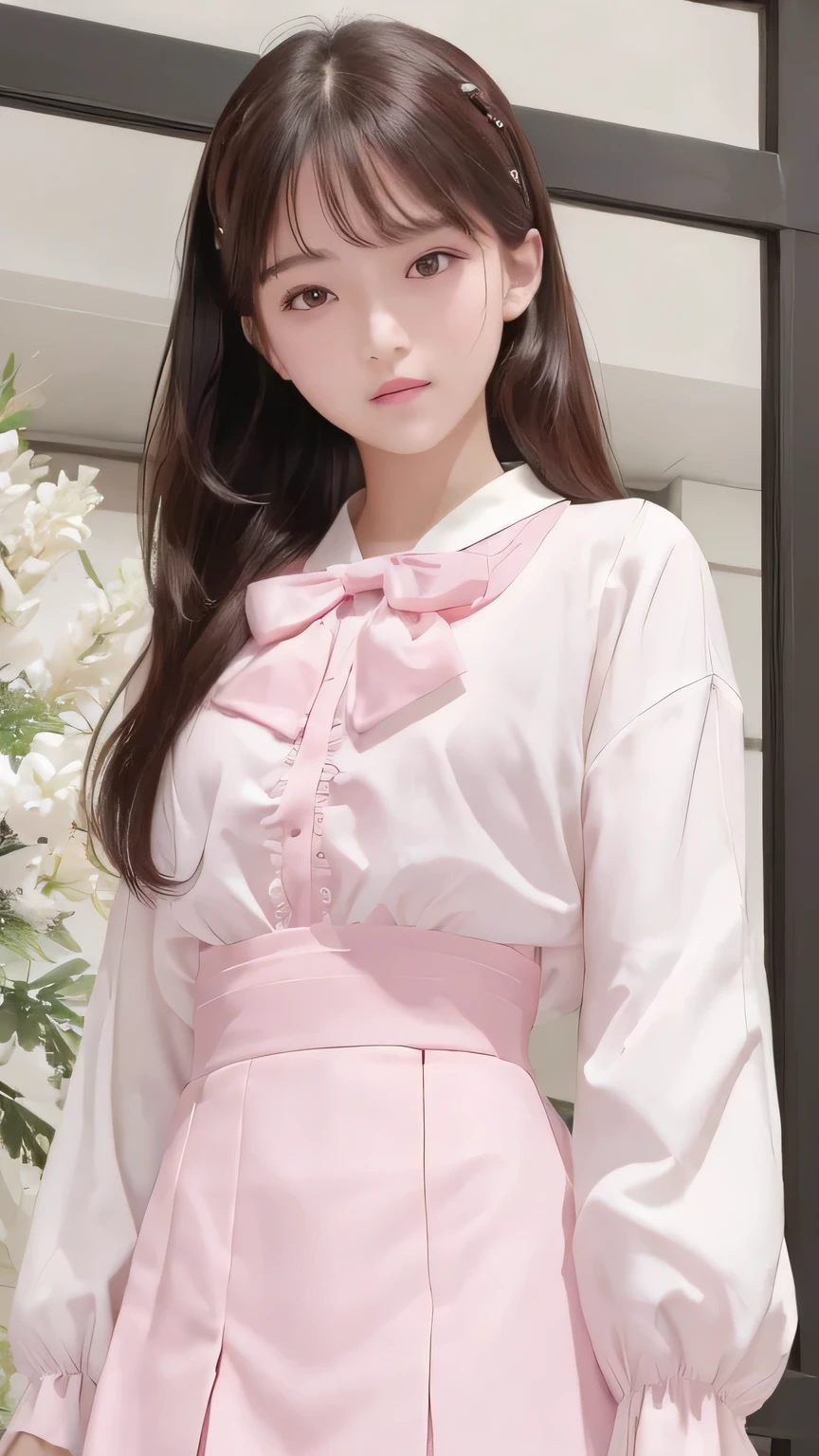 A close up of a woman in a pink dress with a white shirt - SeaArt AI