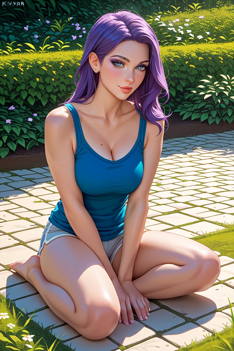 Anime girl with purple hair and glasses, tits and no clothes, 1girl, grey eyes, one_color_background,