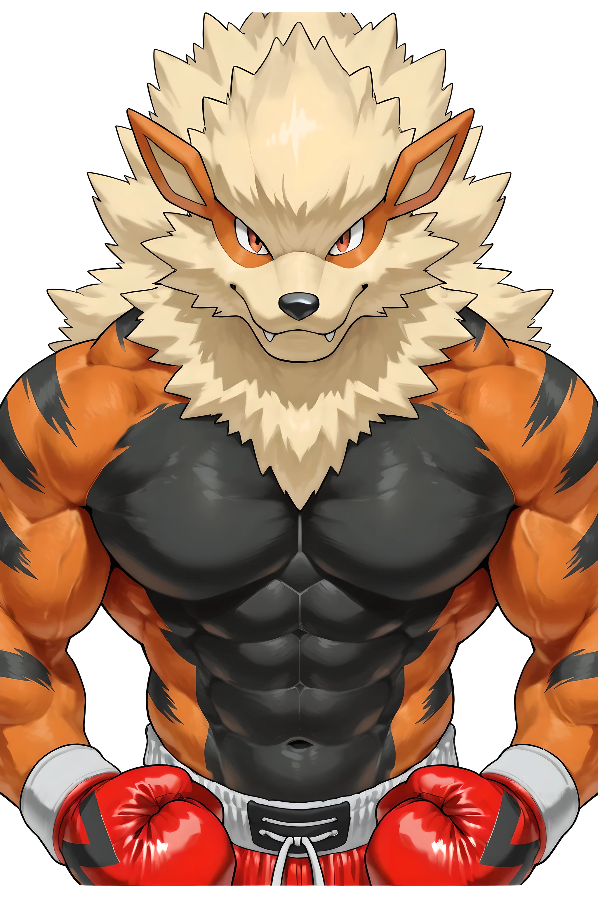 zzArcanine, arcanine, no humans, pokemon (creature), ((flat color)), male, muscular, shirtless, simple background, looking at viewer anthro, ((black stomach, black chest)), half body, wearing boxing_gloves, boxing_trunks,