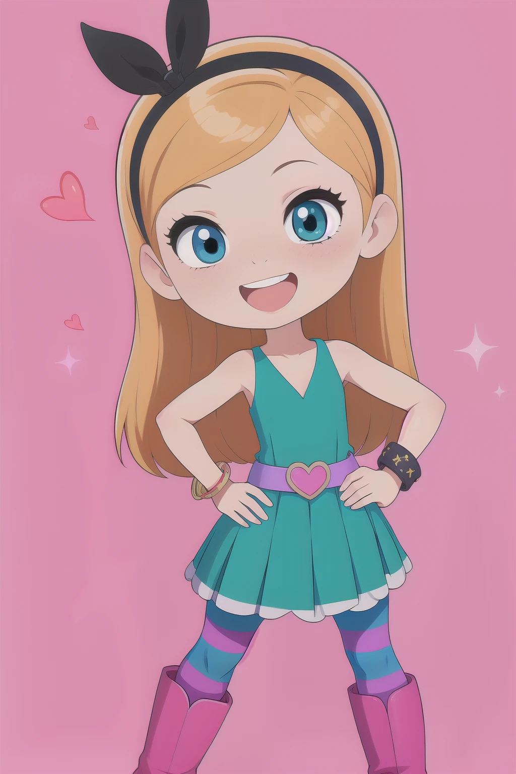 pan, 1girl,full body, penny peterson, long hair, blue eyes, 3d, blonde hair, skirt, pleated skirt, white trimmings, frilled skirt, hairband, black hairband, dress, teal dress, lavender belt, blue and pink striped pantyhose, pink bracelet and boots, beautiful, cute girl, open mouth, cute smile, joyful expression, excited, happy, looking at viewer, peace sign, one hand on hip, spread legs, hearts, sparkles, pink background, simple background, (insanely detailed, beautiful detailed face, masterpiece, best quality) cinematic lighting,