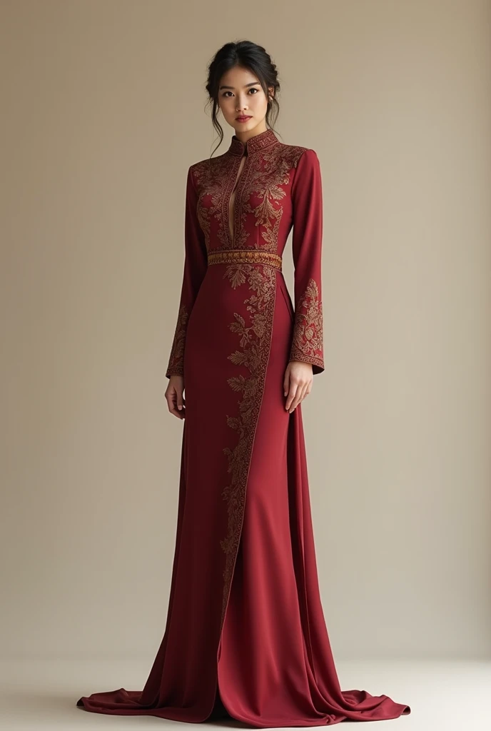 I want a dress to wear at my sister's wedding. I want it to look like long elegant bloody red but gives cool vibes. And it would be great if I can take of or change one peace of fabric on my dress and it should look like different dress. Like I wear 2 dresses for my sister's wedding. I live in an Islamic country