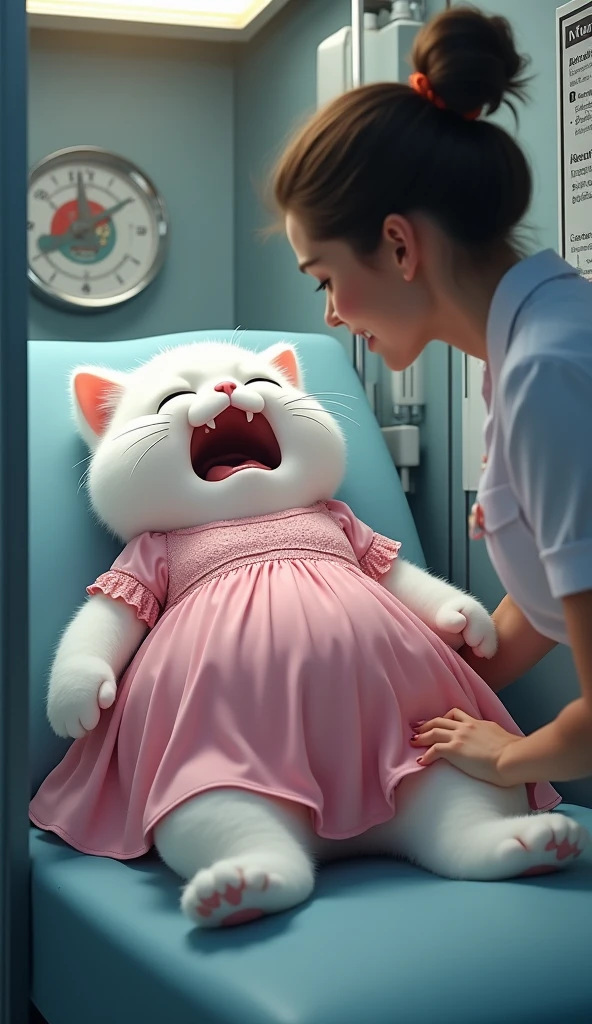 A tall pregnant white cat dressed in pink frock cries on hospital bed due to labour pain