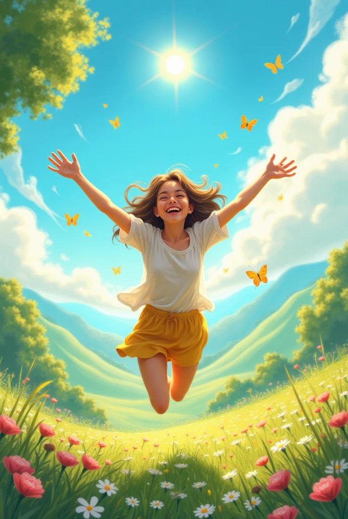 up side white,down side purple shade,blooming beautiful colorful flowers,little bird flying up,cute baby girl raise hands,she smiling,she exciting