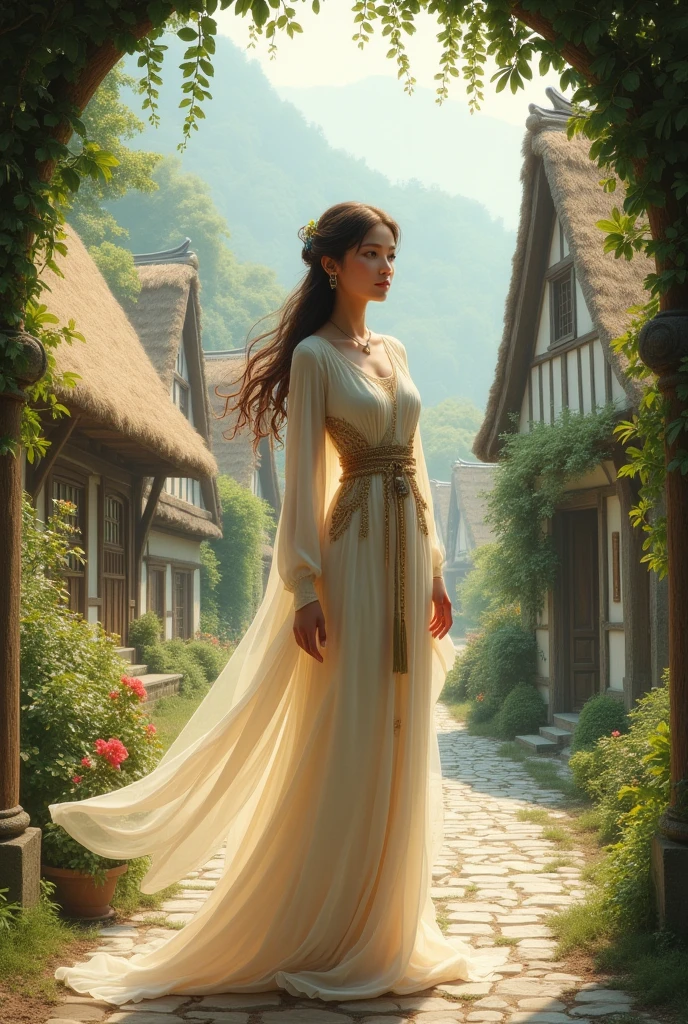 (best quality,4k,8k,highres,masterpiece:1.2),ultra-detailed, 1woman, Celtic goddess Epona, jennao, Chestnut brown hair, hazel eyes, druid gown, standing in a barnyard, motherly, posed gently, looking at viewer, seductive eyes, drawn in the style of Yoshitaka Amano, HDR, 8k, absurdres, cinestill 800, sharp focus