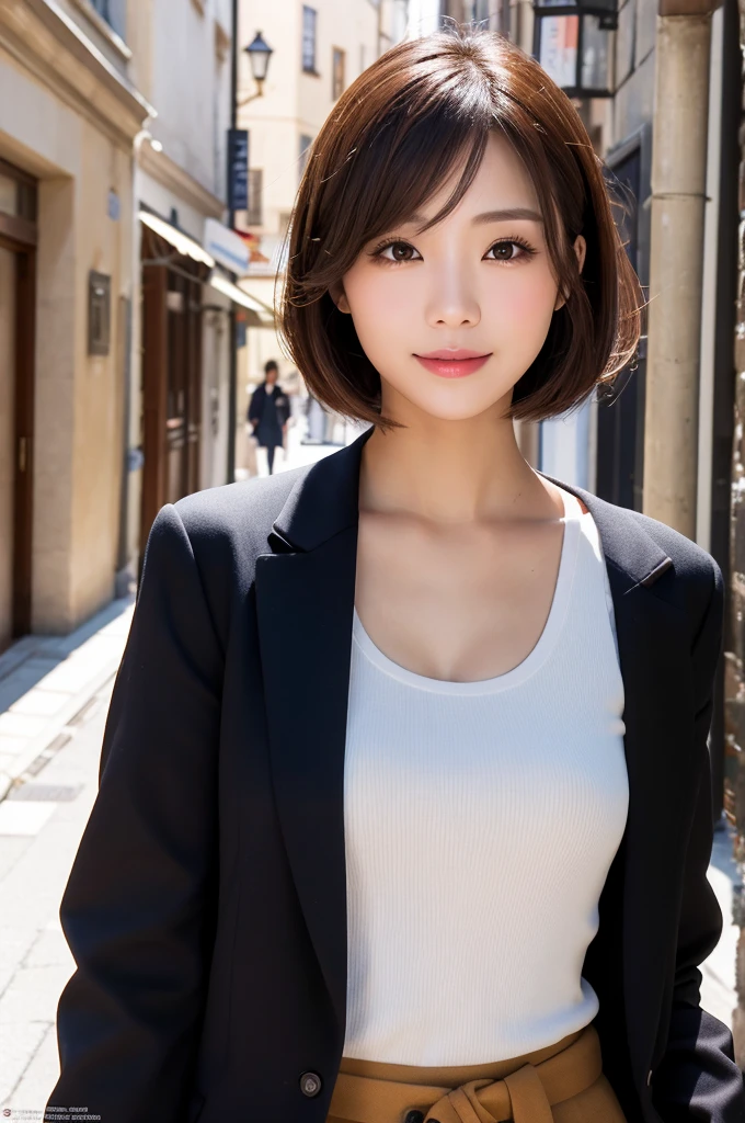 ((Best quality, 8k, Masterpiece: 1.3)), Sharp focus: 1.2, A woman (((50 years)) beautiful, smiling, elegant, ((gray hair)), perfect eyes, with perfect body: 1.4, Thin abdomen: 1.2, ((Layered haircut, Normal breasts: 1.2)), (Thin and damp button up to shirt length: 1.1), (Elegant black suit), (Rain, Street: 1.2), Wet body: 1.1, Highly detailed facial and skin texture, Detailed eyes, Double eyelid, tanned skin, elegant, tanned