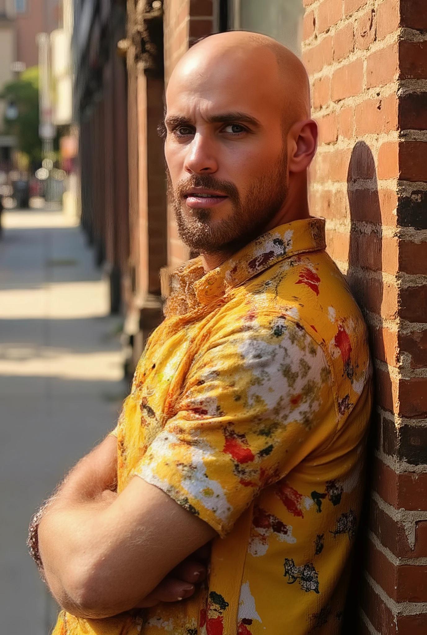 professional photo of a realistic young bald man wearing a bright shirt, Standing on the street, leaning your shoulder on a brick building, warm daylight