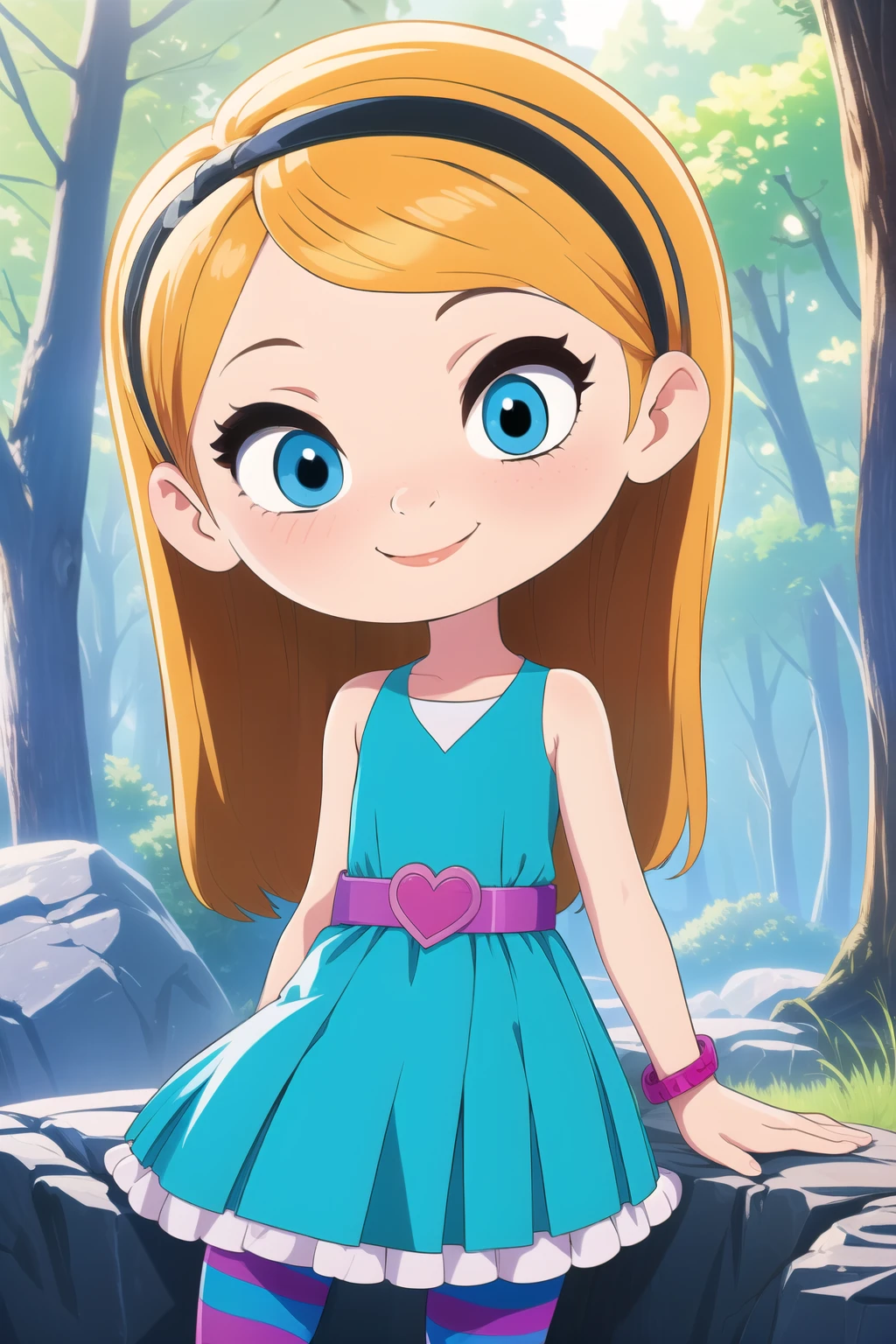 pan, 1girl,full body, penny peterson, long hair, blue eyes, 3d, blonde hair, skirt, pleated skirt, white trimmings, frilled skirt, hairband, black hairband, dress, teal dress, lavender belt, blue and pink striped pantyhose, pink bracelet and boots, cute smile, smile,closed mouth,cowboy shot,sitting, rock, sitting on a rock,
forest,outdoor,
(insanely detailed, beautiful detailed face, masterpiece, best quality) cinematic lighting,