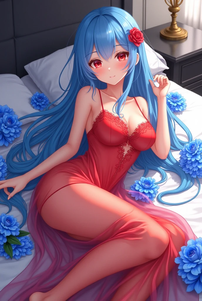 artistic photograph, Real light and shadow on a sunny day,autumnal,bed room,red bed,((silk nightdress)),1 beautiful girl，Overhead shot,Mid shot, full body,(((Long light blue hair))),blue eyes,(long hair),（Red petal），chubby curvy body, large breast, aqua , konosuba, transparent clothes, looking at viewer, ((topless)), no panties