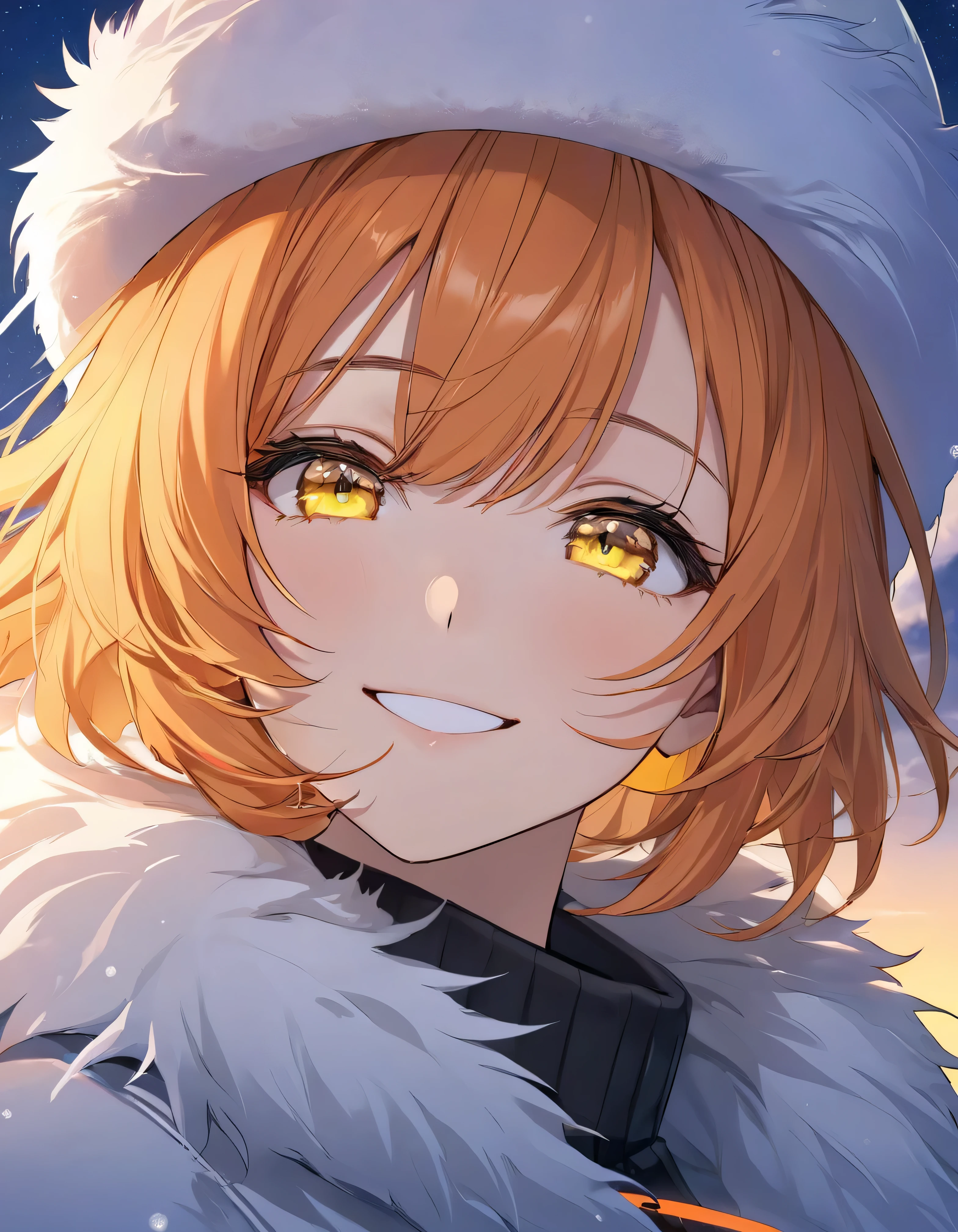ADULT WOMAN, short orange hair and neon yellow eyes 、 face close-up 、 White Breath、Fur hat、 fur coat、Pure Smile、Pre-dawn sky