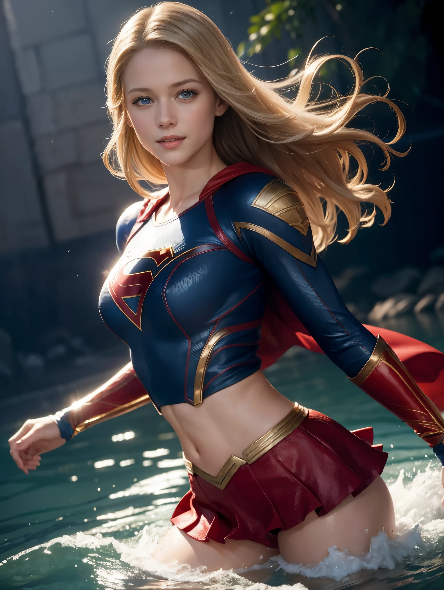 Highres, Shadows, Absurdres, best_quality, ultra_detailed, 8K, extremely_clear, Photography, Beautiful, Sharp Focus, HDR,
A cute pop singer Supergirl with blonde hair and symmetrical blue eyes holds a guitar and sings in headphones, wearing a pleated skirt, with a dynamic angle, captured in a highly detailed cowboy photo, exuding a melancholic emotion, with soft tones and a contrasting mix of light and shadow, all while emphasizing her hair, the eyes, mouth, and action of the subject in a composition that is both pleasing to the eye and thought-provoking.