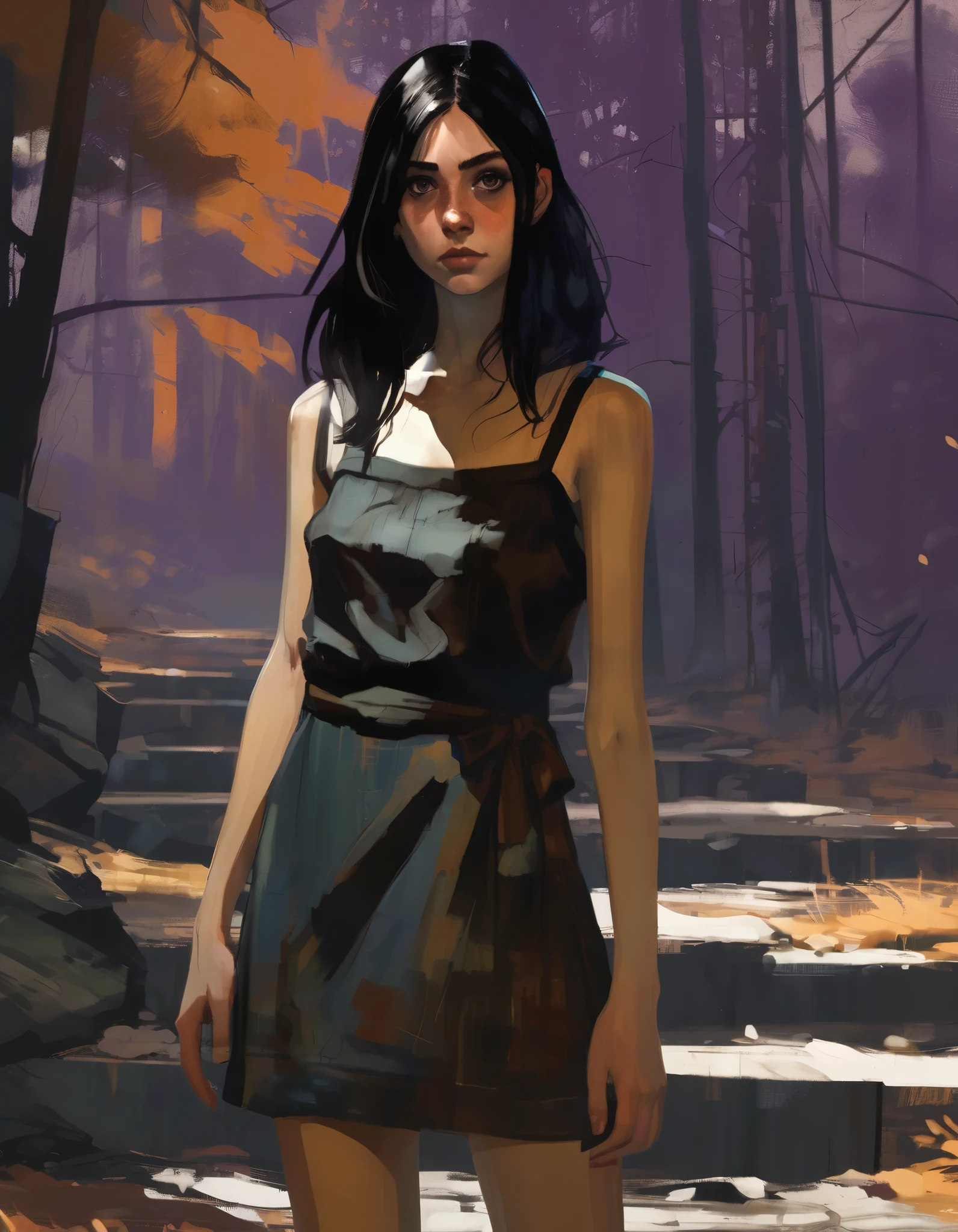 Disco Elysium artstyle. Full body. Pale skinny girl, ite short girl. Detailed face looking at viewer. Dark long hair, Waist length hair. Straight hair, Long-length hair. Extremely long hair. Dark eyes. Detailed eyes. Interested face expression. Cute face. young girl. 18 years old cutie. Black dress, Tight Dress, Drawstring Sling dress, fitted dress. White socks, ankle socks. Black boots, doc martins black boots. Detailed face and eyes. Soft skin, sweaty thighs. Dark souls background. Ruins in forest. Forest beckground. Autumn forest. Violet brush colours. Brush background. Logic anatomy. Detailed legs. Disco Elysium brush style.