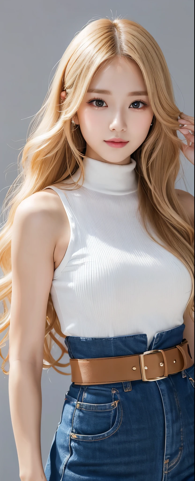 (((White background、Russia、Northern Europe、White people)))、forehead、18-year-old,beautiful girl、Well-formed face、 Long white blonde wavy hair、Beige turtleneck sweater, Puffy nipples、long pleated skirt of dark blue color,,Medium Milk, Cute Smile、(lean forward to emphasize the chest)、、Beautiful Necklace、Black high heels、sexy lace panties、