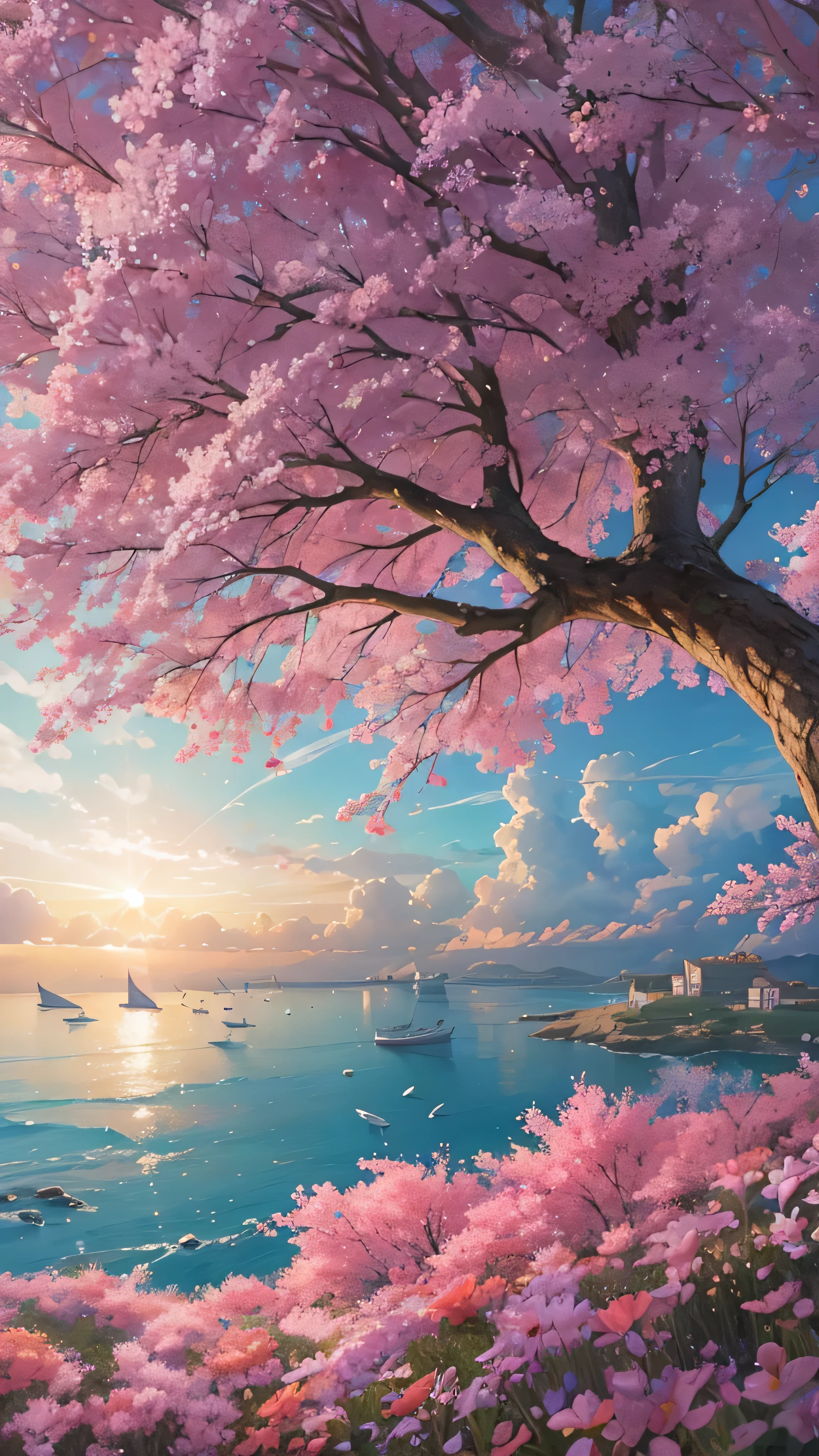 Painting of a tree with pink flowers and a boat in the water - SeaArt AI