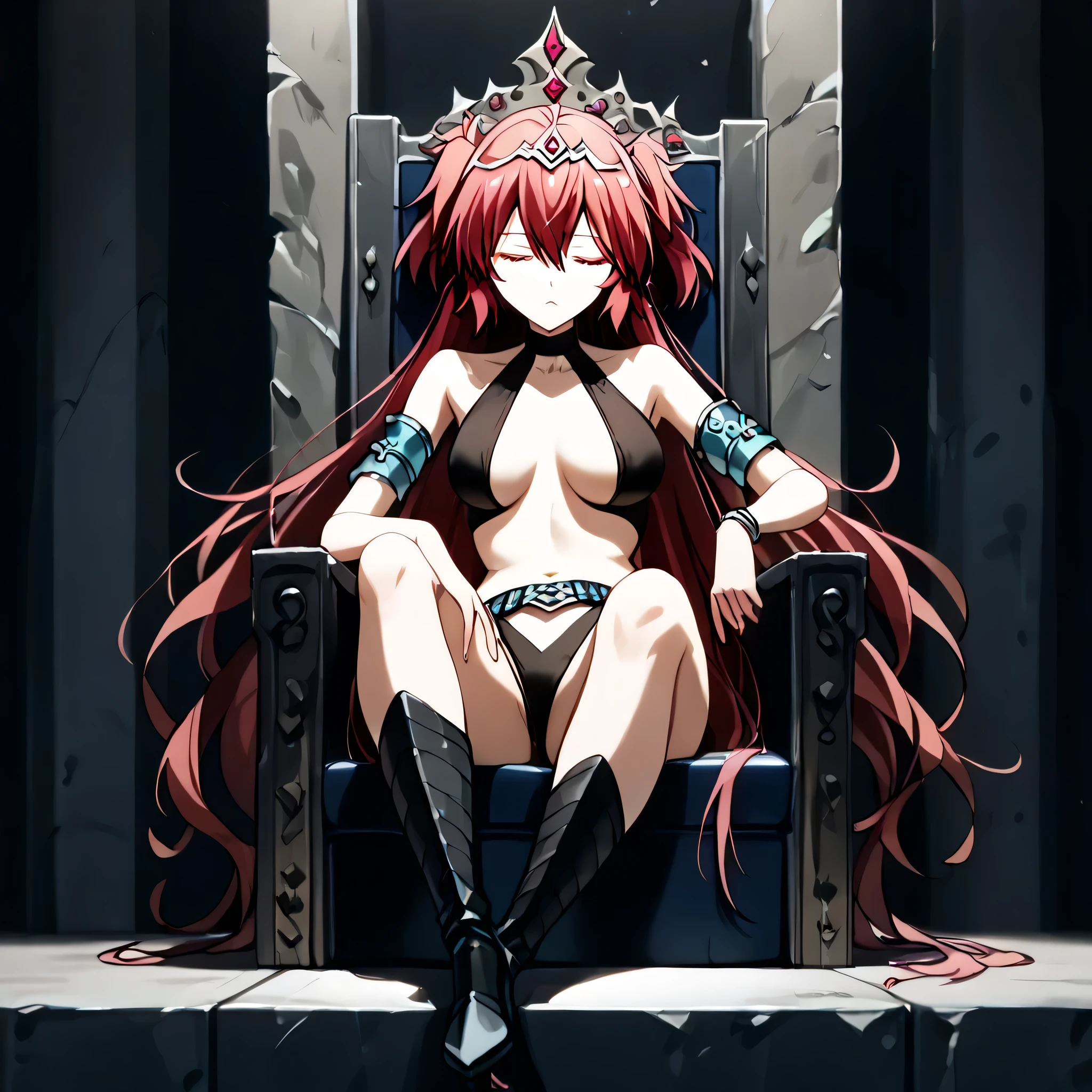 (((Masterpiece))), (((Best Quality))), ((Super Detail)), ultra-High resolution, score_9,score_8_up,score_7_up,score_6_up,score_5_up,score_4_up, BREAK, source_anime, anime screencap, uncensored, rating_explicit, Masterpiece, curvy, dark persona, empty eyes, expressionless, blank eyes, looking at viewer, full body, emotionless, Fighting Stance, horizontal pupils, black leotard, clothing cutout, high heel boots, knee boots, circlet, armlet, bracelet, belt, halterneck, (((solo, 1girl))), hair ornament, seductive pose, submissive pose, medium breast, haru, red hair, short hair, pink eyes, sitting on throne, throne, (((long hair, very long hair, closed eyes, sitting at attention)))
