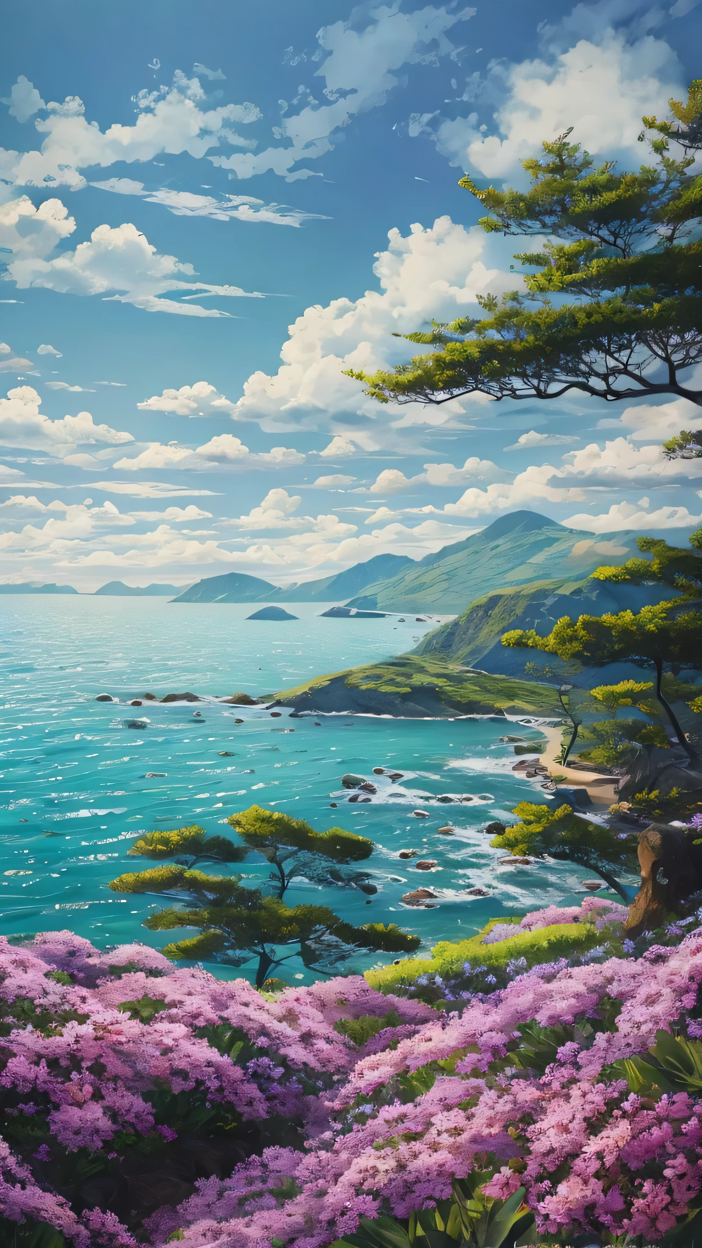 in high definition,sea, rich nature environment , beautiful view, A sunny, Hibiscus flowers on the hill where you can see the clear sea , blue sky, cloud, nature, Nature environment , ( sea), sharp concentration, is present , The beauty of the scenery in the background , best quality, is present lighting, The beauty of nature's environment, Hyperrealism