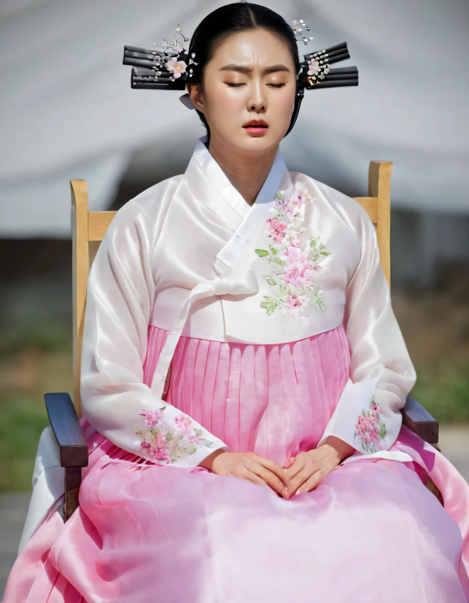 8k, A Korean man had surgery to change his body from male to female, his body is completely female, he has big breasts like a woman, but his face is not changed and still looks like a man, His hair is still manly and short, manly short hair, he is wearing a mother's hanbok dress costume, silk,Mother of the Bride Dress Outfit, white and pink, Floral pattern, He sits upright in a special device chair, Being brainwashed, There are several electrical cords and electronic devices plugged into his head, Being brainwashed, brainwashing electronics attached to head, expressionless, eyes closed, unconscious, Full body shot