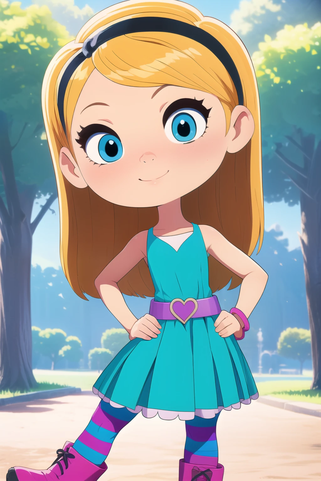 pan, 1girl,full body, penny peterson, long hair, blue eyes, 3d, blonde hair, skirt, pleated skirt, white trimmings, frilled skirt, hairband, black hairband, dress, teal dress, lavender belt, blue and pink striped pantyhose, pink bracelet and boots, central park, park background, looking at viewers, hands on hip, (insanely detailed, beautiful detailed face, masterpiece, best quality) cinematic lighting,