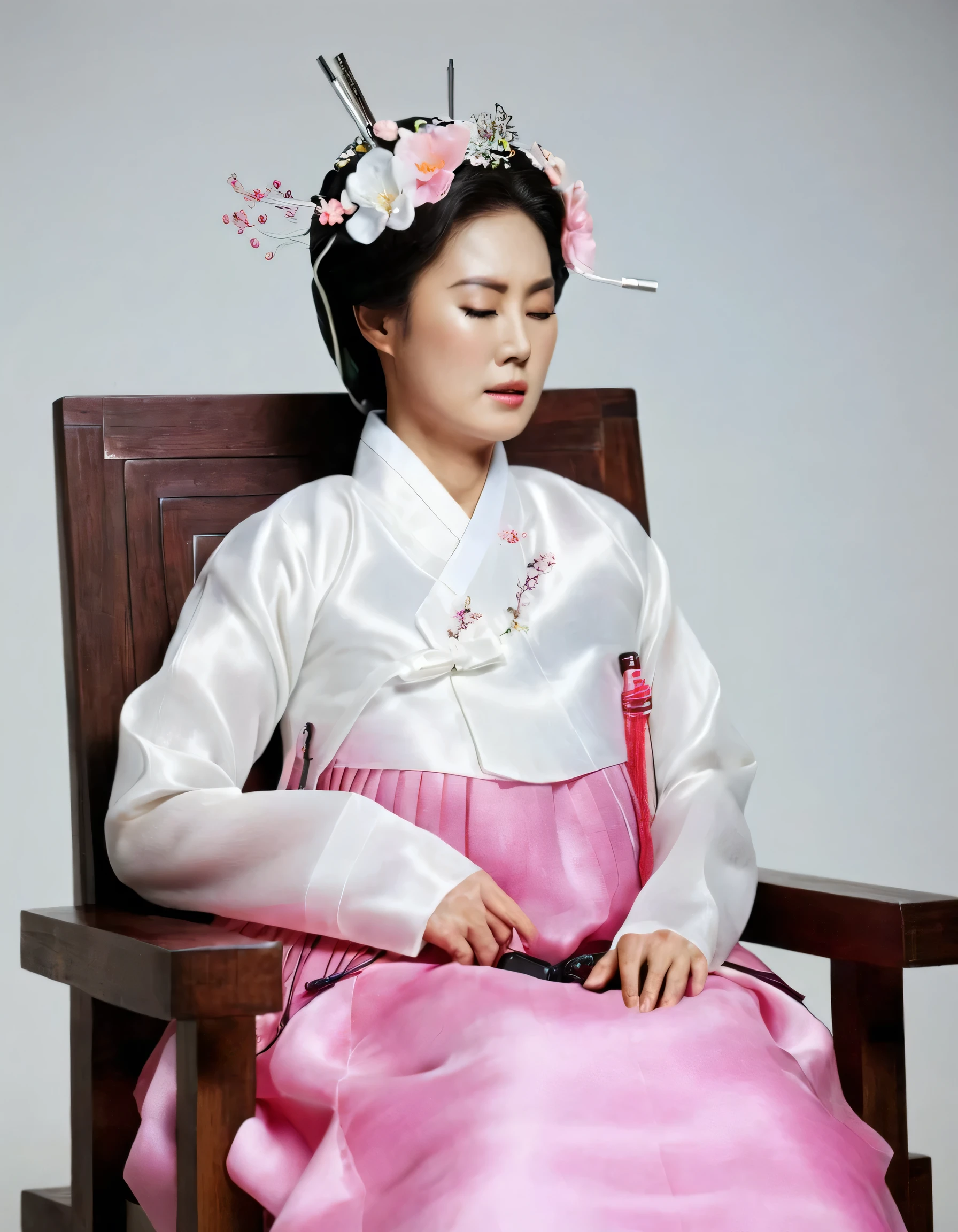 8k, A Korean man had surgery to change his body from male to female, his body is completely female, he has big breasts like a woman, but his face is not changed and still looks like a man, His hair is still manly and short, manly short hair, he is wearing a mother's hanbok dress costume, silk,Mother of the Bride Dress Outfit, white and pink, Floral pattern, He sits upright in a special device chair, Being brainwashed, There are several electrical cords and electronic devices plugged into his head, Being brainwashed, brainwashing electronics attached to head, expressionless, eyes closed, unconscious, Full body shot