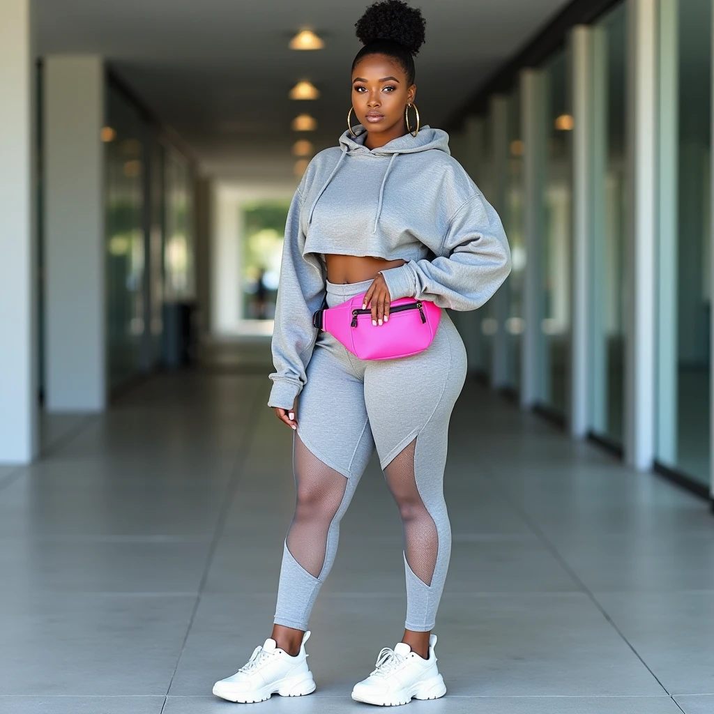 {(Sha'Carri Richardson usando (legging preto de couro), e uma (pink fleece hooded sweatshirt), (sensual)athletic body, cintura fina, coxas musculosas}.